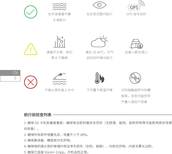 8CN在开阔清澈平静水域航行请避开水草、碎石等水下障碍请在 10-40℃，天气良好的环境中航行切勿接触旋转中的螺旋桨，否则可能受到严重人身财产损害不可置于高温环境不能从高处拋入水中在目视范围内航行远离人群及港口GPS 信号良好航行前检查列表1. 确保 SD 卡处胶塞被塞紧；确保电池密封圈状态完好（无脱落、破损、粘附异物等可能影响密封效果的现象）。2. 确保所有部件电量充足，电量不少于 60%。3. 确保推进器、螺旋桨内无异物。4. 确保相机镜头保护玻璃外侧洁净无损伤（划伤、破裂）、内侧无异物，内部无雾化沾附。5. 确保已连接 Vision+ 2 App，开机自检正常。