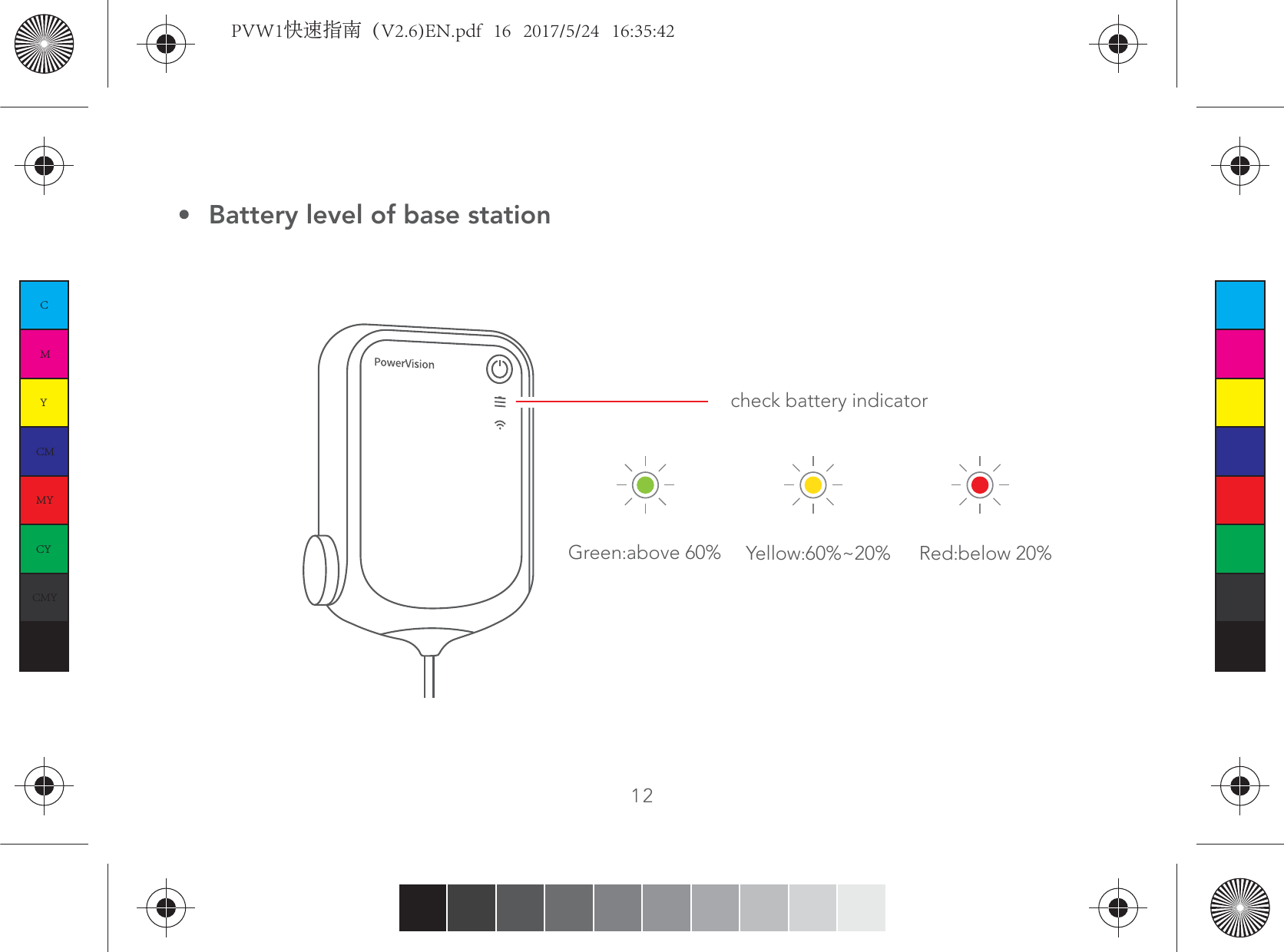 Battery level of base stationcheck battery indicatorGreen:above 60% Yellow:60%~20% Red:below 20%12CMYCMMYCYCMYKPVW1快速指南（V2.6)EN.pdf   16   2017/5/24   16:35:42
