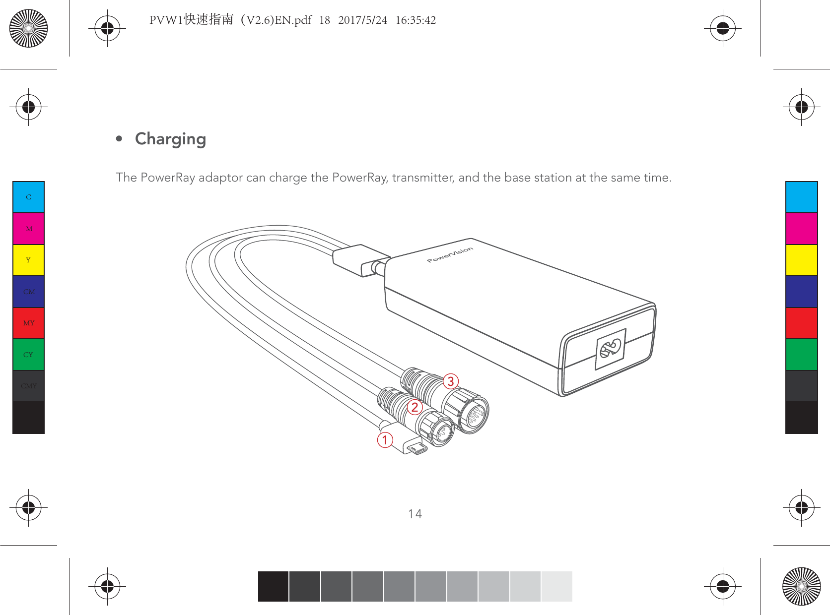 ChargingThe PowerRay adaptor can charge the PowerRay, transmitter, and the base station at the same time.14123CMYCMMYCYCMYKPVW1快速指南（V2.6)EN.pdf   18   2017/5/24   16:35:42