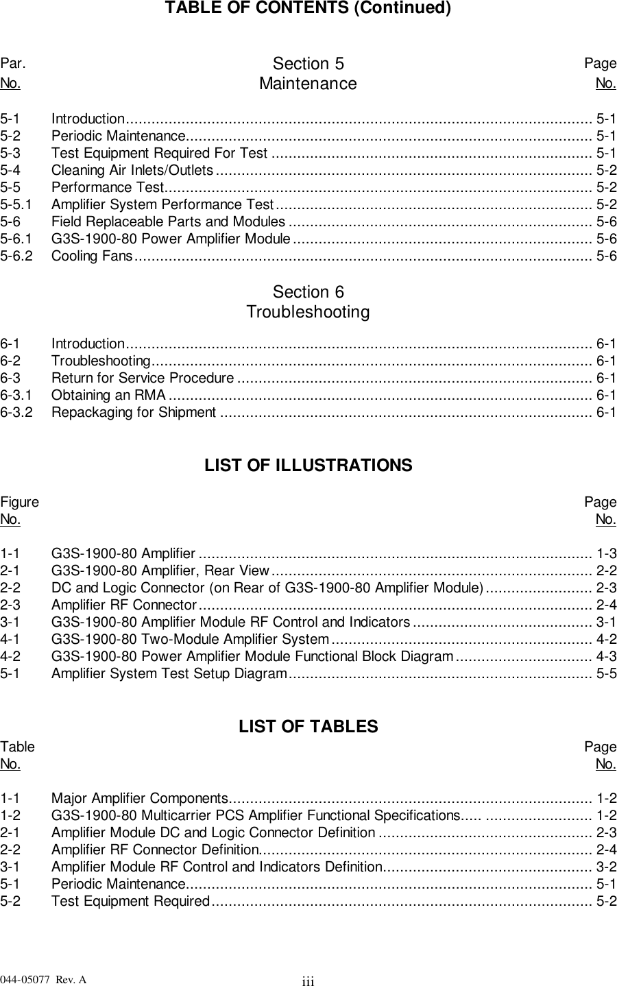 044-05077  Rev. A iiiTABLE OF CONTENTS (Continued)Par. Section 5 PageNo. Maintenance No.5-1 Introduction............................................................................................................. 5-15-2 Periodic Maintenance............................................................................................... 5-15-3 Test Equipment Required For Test ........................................................................... 5-15-4 Cleaning Air Inlets/Outlets........................................................................................ 5-25-5 Performance Test.................................................................................................... 5-25-5.1 Amplifier System Performance Test.......................................................................... 5-25-6 Field Replaceable Parts and Modules ....................................................................... 5-65-6.1 G3S-1900-80 Power Amplifier Module...................................................................... 5-65-6.2 Cooling Fans........................................................................................................... 5-6Section 6Troubleshooting6-1 Introduction............................................................................................................. 6-16-2 Troubleshooting....................................................................................................... 6-16-3 Return for Service Procedure ................................................................................... 6-16-3.1 Obtaining an RMA................................................................................................... 6-16-3.2 Repackaging for Shipment ....................................................................................... 6-1LIST OF ILLUSTRATIONSFigure PageNo. No.1-1 G3S-1900-80 Amplifier ............................................................................................ 1-32-1 G3S-1900-80 Amplifier, Rear View........................................................................... 2-22-2 DC and Logic Connector (on Rear of G3S-1900-80 Amplifier Module)......................... 2-32-3 Amplifier RF Connector............................................................................................ 2-43-1 G3S-1900-80 Amplifier Module RF Control and Indicators.......................................... 3-14-1 G3S-1900-80 Two-Module Amplifier System............................................................. 4-24-2 G3S-1900-80 Power Amplifier Module Functional Block Diagram................................ 4-35-1 Amplifier System Test Setup Diagram....................................................................... 5-5LIST OF TABLESTable PageNo. No.1-1 Major Amplifier Components..................................................................................... 1-21-2 G3S-1900-80 Multicarrier PCS Amplifier Functional Specifications..... ......................... 1-22-1 Amplifier Module DC and Logic Connector Definition .................................................. 2-32-2 Amplifier RF Connector Definition.............................................................................. 2-43-1 Amplifier Module RF Control and Indicators Definition................................................. 3-25-1 Periodic Maintenance............................................................................................... 5-15-2 Test Equipment Required......................................................................................... 5-2