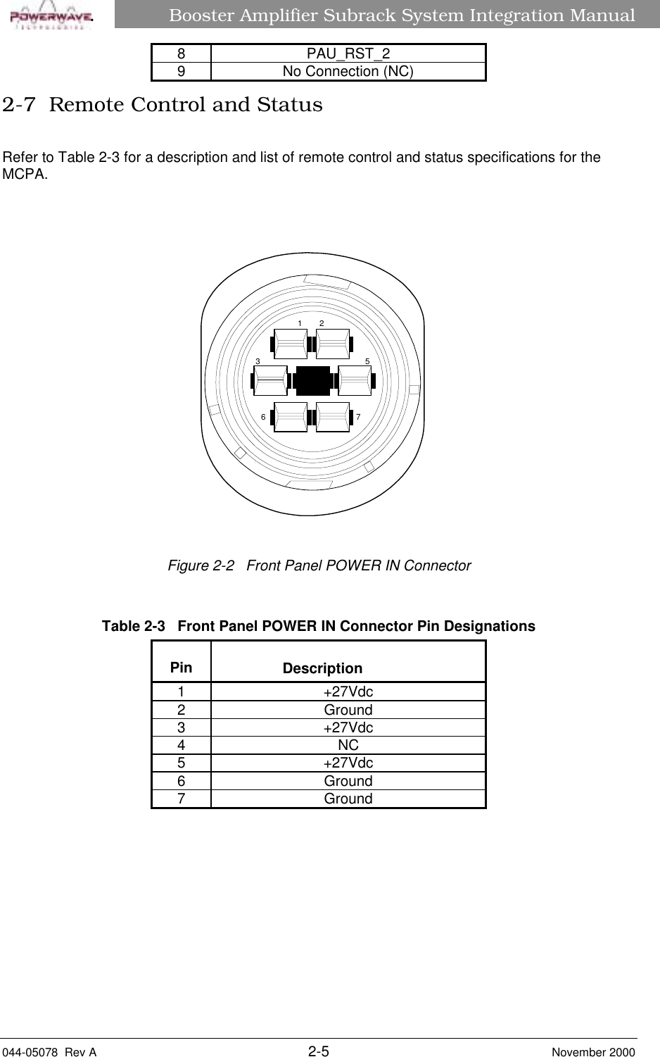 Booster Amplifier Subrack System Integration Manual044-05078  Rev A 2-5 November 2000â8 PAU_RST_29 No Connection (NC)2-7  Remote Control and StatusRefer to Table 2-3 for a description and list of remote control and status specifications for theMCPA.Figure 2-2   Front Panel POWER IN ConnectorTable 2-3   Front Panel POWER IN Connector Pin DesignationsPin Description1 +27Vdc2 Ground3 +27Vdc4NC5 +27Vdc6 Ground7 Ground235671
