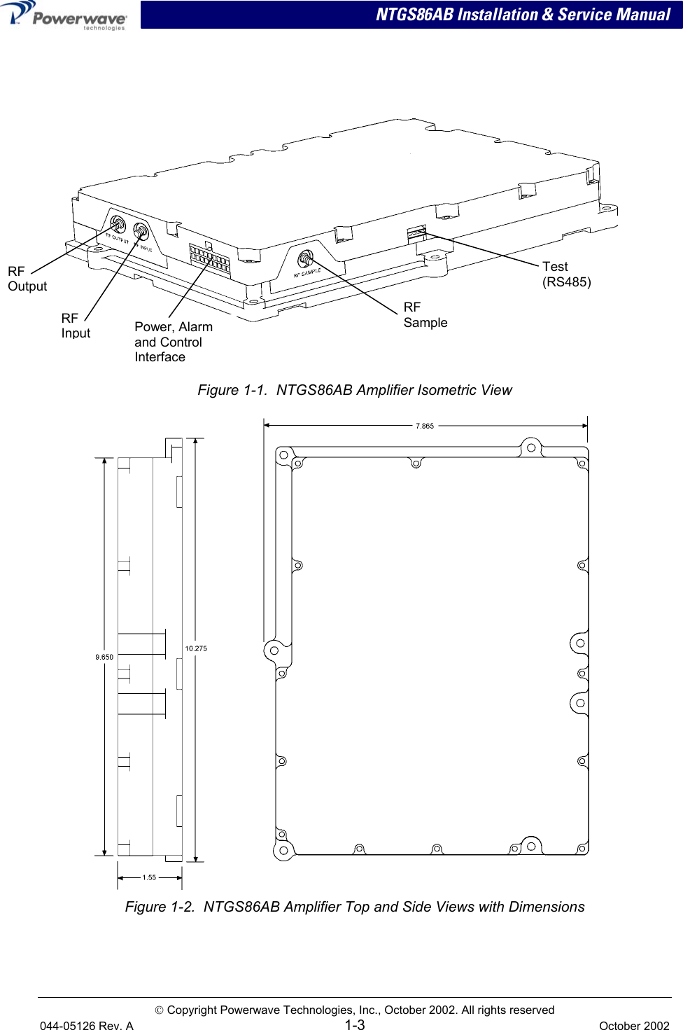   NTGS86AB Installation &amp; Service Manual     Power, Alarm and Control Interface RF Output RF Input   RF SampleTest (RS485)  Figure 1-1.  NTGS86AB Amplifier Isometric View  Figure 1-2.  NTGS86AB Amplifier Top and Side Views with Dimensions  Copyright Powerwave Technologies, Inc., October 2002. All rights reserved 044-05126 Rev. A 1-3  October 2002  