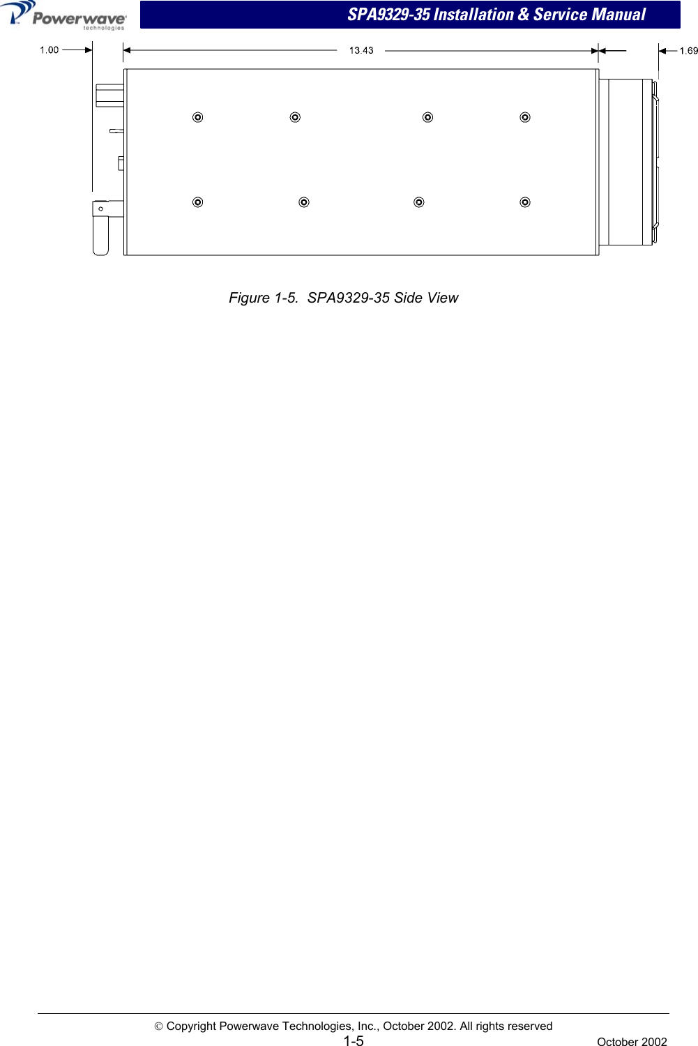  SPA9329-35 Installation &amp; Service Manual   Figure 1-5.  SPA9329-35 Side View  Copyright Powerwave Technologies, Inc., October 2002. All rights reserved  1-5  October 2002 