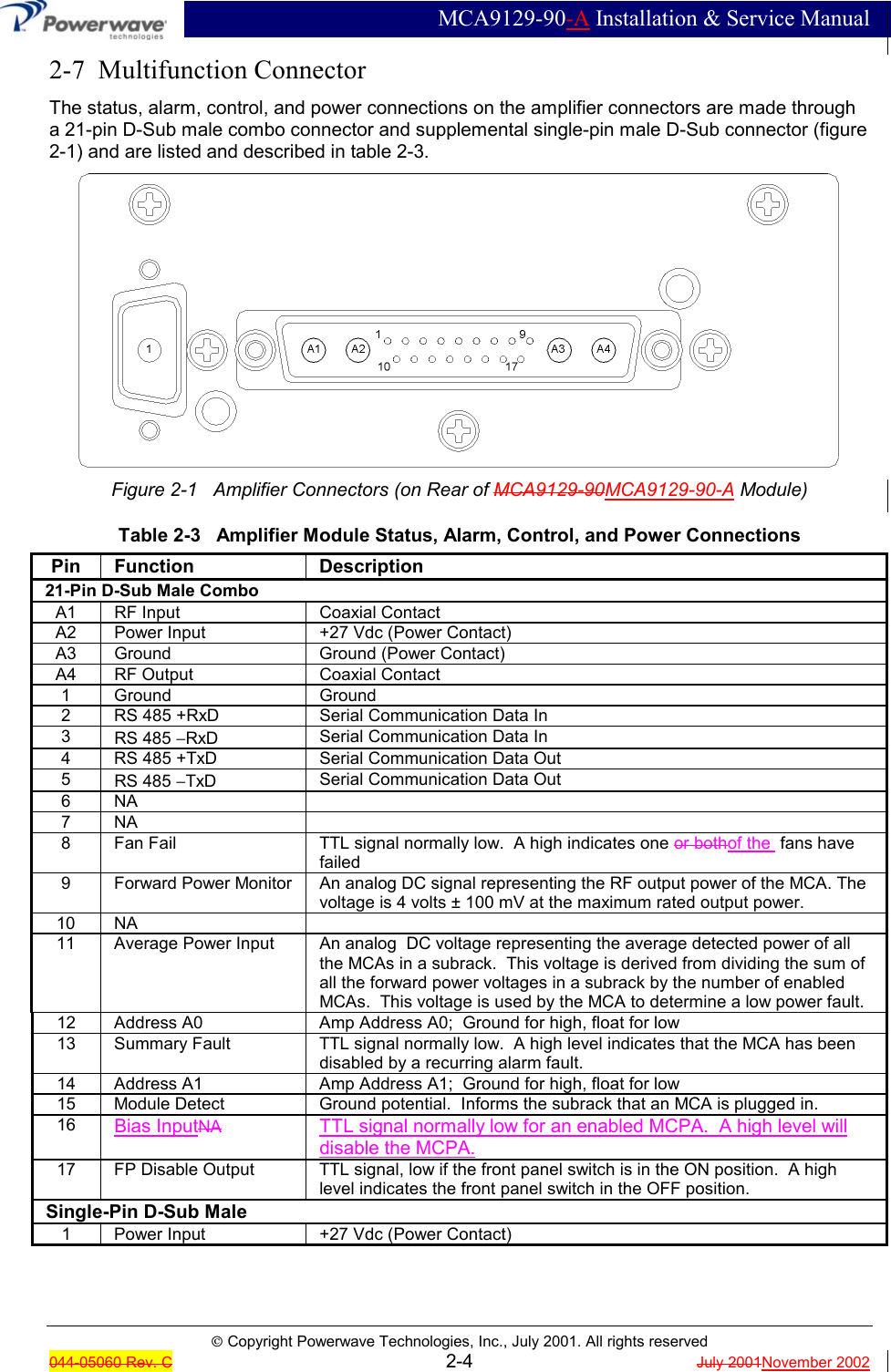  MCA9129-90-A Installation &amp; Service ManualÓ Copyright Powerwave Technologies, Inc., July 2001. All rights reserved044-05060 Rev. C 2-4 July 2001November 20022-7  Multifunction ConnectorThe status, alarm, control, and power connections on the amplifier connectors are made througha 21-pin D-Sub male combo connector and supplemental single-pin male D-Sub connector (figure2-1) and are listed and described in table 2-3.Figure 2-1   Amplifier Connectors (on Rear of MCA9129-90MCA9129-90-A Module)Table 2-3   Amplifier Module Status, Alarm, Control, and Power ConnectionsPin Function Description21-Pin D-Sub Male ComboA1 RF Input Coaxial ContactA2 Power Input +27 Vdc (Power Contact)A3 Ground Ground (Power Contact)A4 RF Output Coaxial Contact1 Ground Ground2 RS 485 +RxD Serial Communication Data In3RS 485 -RxD Serial Communication Data In4 RS 485 +TxD Serial Communication Data Out5RS 485 -TxD Serial Communication Data Out6NA7NA8 Fan Fail TTL signal normally low.  A high indicates one or bothof the  fans havefailed9 Forward Power Monitor An analog DC signal representing the RF output power of the MCA. Thevoltage is 4 volts ± 100 mV at the maximum rated output power.10 NA11 Average Power Input An analog  DC voltage representing the average detected power of allthe MCAs in a subrack.  This voltage is derived from dividing the sum ofall the forward power voltages in a subrack by the number of enabledMCAs.  This voltage is used by the MCA to determine a low power fault.12 Address A0 Amp Address A0;  Ground for high, float for low13 Summary Fault TTL signal normally low.  A high level indicates that the MCA has beendisabled by a recurring alarm fault.14 Address A1 Amp Address A1;  Ground for high, float for low15 Module Detect Ground potential.  Informs the subrack that an MCA is plugged in.16 Bias InputNA TTL signal normally low for an enabled MCPA.  A high level willdisable the MCPA.17 FP Disable Output TTL signal, low if the front panel switch is in the ON position.  A highlevel indicates the front panel switch in the OFF position.Single-Pin D-Sub Male1 Power Input +27 Vdc (Power Contact)