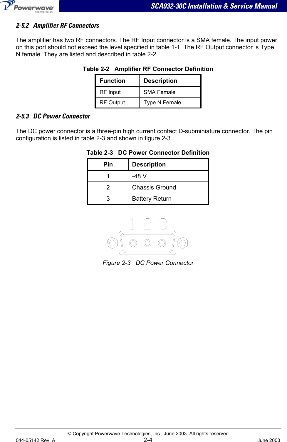 SCA932-30C Installation &amp; Service Manual 2-5.2   Amplifier RF Connectors The amplifier has two RF connectors. The RF Input connector is a SMA female. The input power on this port should not exceed the level specified in table 1-1. The RF Output connector is Type N female. They are listed and described in table 2-2. Table 2-2   Amplifier RF Connector Definition Function Description RF Input   SMA Female RF Output  Type N Female 2-5.3   DC Power Connector The DC power connector is a three-pin high current contact D-subminiature connector. The pin configuration is listed in table 2-3 and shown in figure 2-3. Table 2-3   DC Power Connector Definition Pin Description 1 -48 V 2 Chassis Ground 3 Battery Return   Figure 2-3   DC Power Connector   Copyright Powerwave Technologies, Inc., June 2003. All rights reserved 044-05142 Rev. A 2-4  June 2003 