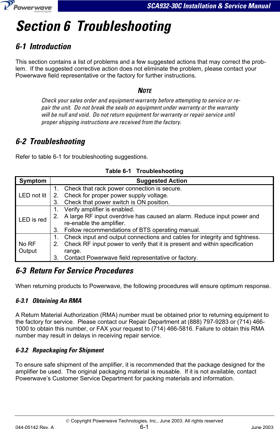 SCA932-30C Installation &amp; Service Manual Section 6  Troubleshooting 6-1  Introduction This section contains a list of problems and a few suggested actions that may correct the prob-lem.  If the suggested corrective action does not eliminate the problem, please contact your  Powerwave field representative or the factory for further instructions. NOTE Check your sales order and equipment warranty before attempting to service or re-pair the unit.  Do not break the seals on equipment under warranty or the warranty will be null and void.  Do not return equipment for warranty or repair service until proper shipping instructions are received from the factory.  6-2  Troubleshooting Refer to table 6-1 for troubleshooting suggestions. Table 6-1   Troubleshooting Symptom Suggested Action LED not lit 1.  Check that rack power connection is secure. 2.  Check for proper power supply voltage. 3.  Check that power switch is ON position. LED is red 1.  Verify amplifier is enabled. 2.  A large RF input overdrive has caused an alarm. Reduce input power and  re-enable the amplifier. 3.  Follow recommendations of BTS operating manual. No RF Output 1.  Check input and output connections and cables for integrity and tightness. 2.  Check RF input power to verify that it is present and within specification range. 3.  Contact Powerwave field representative or factory. 6-3  Return For Service Procedures When returning products to Powerwave, the following procedures will ensure optimum response. 6-3.1   Obtaining An RMA A Return Material Authorization (RMA) number must be obtained prior to returning equipment to the factory for service.  Please contact our Repair Department at (888) 797-9283 or (714) 466-1000 to obtain this number, or FAX your request to (714) 466-5816. Failure to obtain this RMA number may result in delays in receiving repair service. 6-3.2   Repackaging For Shipment To ensure safe shipment of the amplifier, it is recommended that the package designed for the amplifier be used.  The original packaging material is reusable.  If it is not available, contact  Powerwave’s Customer Service Department for packing materials and information.  Copyright Powerwave Technologies, Inc., June 2003. All rights reserved 044-05142 Rev. A 6-1  June 2003 