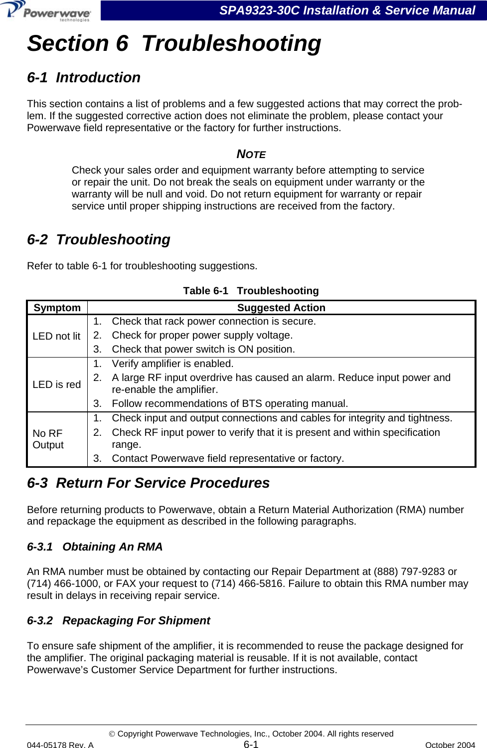 SPA9323-30C Installation &amp; Service Manual © Copyright Powerwave Technologies, Inc., October 2004. All rights reserved 044-05178 Rev. A 6-1  October 2004 Section 6  Troubleshooting 6-1  Introduction This section contains a list of problems and a few suggested actions that may correct the prob-lem. If the suggested corrective action does not eliminate the problem, please contact your  Powerwave field representative or the factory for further instructions. NOTE Check your sales order and equipment warranty before attempting to service or repair the unit. Do not break the seals on equipment under warranty or the warranty will be null and void. Do not return equipment for warranty or repair service until proper shipping instructions are received from the factory.  6-2  Troubleshooting Refer to table 6-1 for troubleshooting suggestions. Table 6-1   Troubleshooting Symptom Suggested Action LED not lit 1.  Check that rack power connection is secure. 2.  Check for proper power supply voltage. 3.  Check that power switch is ON position. LED is red 1.  Verify amplifier is enabled. 2.  A large RF input overdrive has caused an alarm. Reduce input power and  re-enable the amplifier. 3.  Follow recommendations of BTS operating manual. No RF Output 1.  Check input and output connections and cables for integrity and tightness. 2.  Check RF input power to verify that it is present and within specification range. 3.  Contact Powerwave field representative or factory. 6-3  Return For Service Procedures Before returning products to Powerwave, obtain a Return Material Authorization (RMA) number and repackage the equipment as described in the following paragraphs. 6-3.1   Obtaining An RMA An RMA number must be obtained by contacting our Repair Department at (888) 797-9283 or (714) 466-1000, or FAX your request to (714) 466-5816. Failure to obtain this RMA number may result in delays in receiving repair service. 6-3.2   Repackaging For Shipment To ensure safe shipment of the amplifier, it is recommended to reuse the package designed for the amplifier. The original packaging material is reusable. If it is not available, contact  Powerwave’s Customer Service Department for further instructions. 