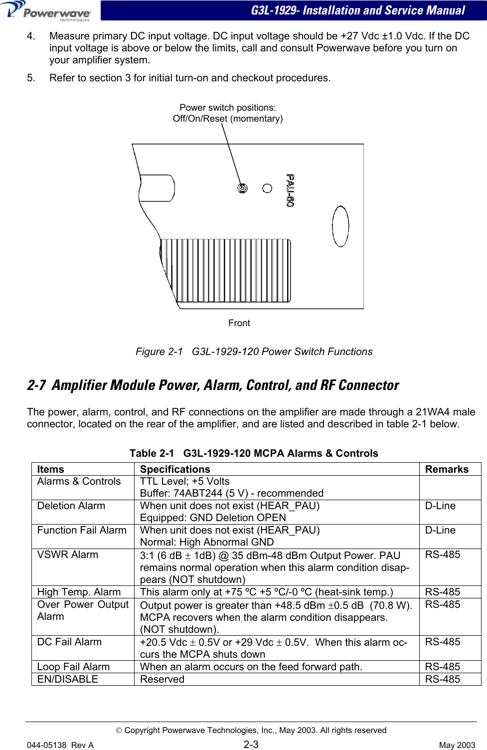 G3L-1929- Installation and Service Manual 4.  Measure primary DC input voltage. DC input voltage should be +27 Vdc ±1.0 Vdc. If the DC input voltage is above or below the limits, call and consult Powerwave before you turn on your amplifier system. 5.  Refer to section 3 for initial turn-on and checkout procedures.    Power switch positions: Off/On/Reset (momentary)     Front Figure 2-1   G3L-1929-120 Power Switch Functions 2-7  Amplifier Module Power, Alarm, Control, and RF Connector The power, alarm, control, and RF connections on the amplifier are made through a 21WA4 male connector, located on the rear of the amplifier, and are listed and described in table 2-1 below.   Table 2-1   G3L-1929-120 MCPA Alarms &amp; Controls Items Specifications  Remarks Alarms &amp; Controls  TTL Level; +5 Volts Buffer: 74ABT244 (5 V) - recommended  Deletion Alarm  When unit does not exist (HEAR_PAU) Equipped: GND Deletion OPEN D-Line Function Fail Alarm  When unit does not exist (HEAR_PAU) Normal: High Abnormal GND D-Line VSWR Alarm  3:1 (6 dB ± 1dB) @ 35 dBm-48 dBm Output Power. PAU remains normal operation when this alarm condition disap-pears (NOT shutdown) RS-485 High Temp. Alarm  This alarm only at +75 ºC +5  ºC//-0  ºC (heat-sink temp.)  RS-485 Over Power Output Alarm Output power is greater than +48.5 dBm ±0.5 dB  (70.8 W). MCPA recovers when the alarm condition disappears. (NOT shutdown). RS-485 DC Fail Alarm  +20.5 Vdc ± 0.5V or +29 Vdc ± 0.5V.  When this alarm oc-curs the MCPA shuts down RS-485 Loop Fail Alarm  When an alarm occurs on the feed forward path.  RS-485 EN/DISABLE Reserved  RS-485    Copyright Powerwave Technologies, Inc., May 2003. All rights reserved 044-05138  Rev A 2-3  May 2003 