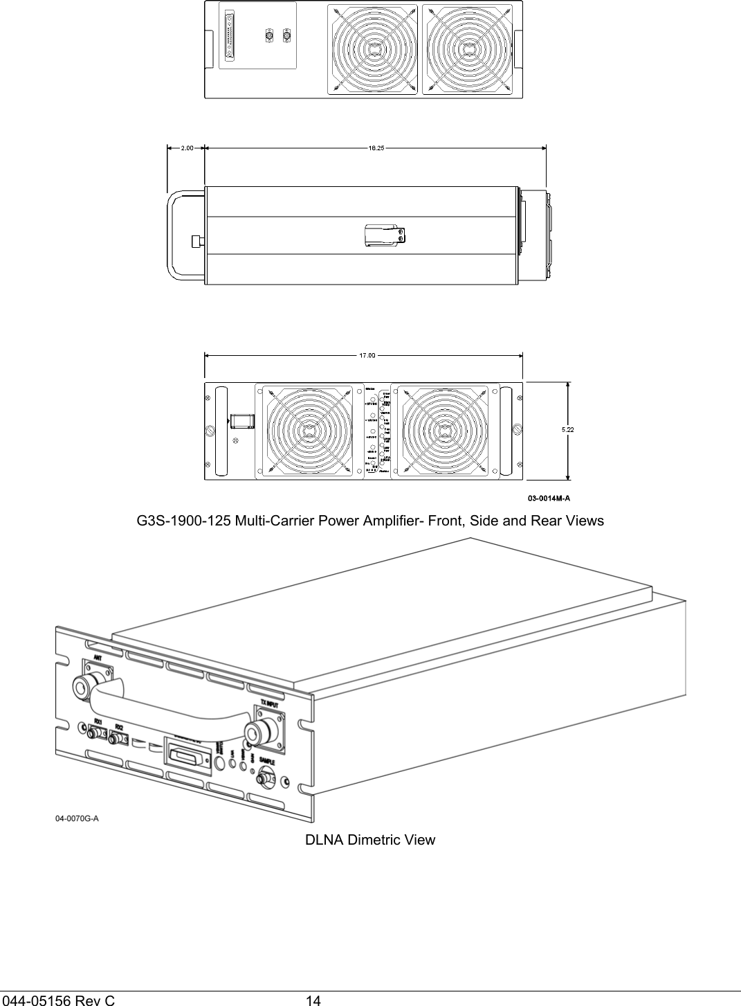044-05156 Rev C  14  G3S-1900-125 Multi-Carrier Power Amplifier- Front, Side and Rear Views  DLNA Dimetric View 