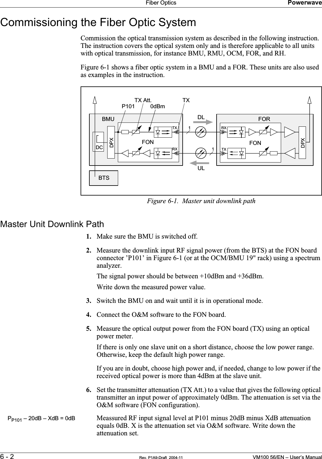 Fiber Optics Powerwave6 - 2 Rev. P1A9-Draft  2004-11 VM100 56/EN – User’s ManualCommissioning the Fiber Optic SystemCommission the optical transmission system as described in the following instruction. The instruction covers the optical system only and is therefore applicable to all units with optical transmission, for instance BMU, RMU, OCM, FOR, and RH.Figure 6-1 shows a fiber optic system in a BMU and a FOR. These units are also used as examples in the instruction.Figure 6-1.  Master unit downlink pathMaster Unit Downlink Path1. Make sure the BMU is switched off.2. Measure the downlink input RF signal power (from the BTS) at the FON board connector ’P101’ in Figure 6-1 (or at the OCM/BMU 19&quot; rack) using a spectrum analyzer.The signal power should be between +10dBm and +36dBm.Write down the measured power value.3. Switch the BMU on and wait until it is in operational mode.4. Connect the O&amp;M software to the FON board.5. Measure the optical output power from the FON board (TX) using an optical power meter.If there is only one slave unit on a short distance, choose the low power range. Otherwise, keep the default high power range.If you are in doubt, choose high power and, if needed, change to low power if the received optical power is more than 4dBm at the slave unit.6. Set the transmitter attenuation (TX Att.) to a value that gives the following optical transmitter an input power of approximately 0dBm. The attenuation is set via the O&amp;M software (FON configuration).PP101 – 20dB – XdB = 0dB Meassured RF input signal level at P101 minus 20dB minus XdB attenuation equals 0dB. X is the attenuation set via O&amp;M software. Write down the attenuation set.BTSBMUFONDC FONFORP101TX Att.0dBmTX1TXRX1TX RXDPXULDLDPX