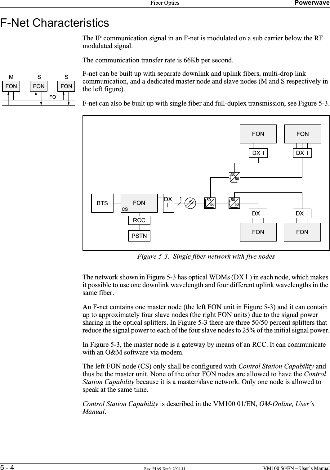 Fiber Optics Powerwave5 - 4 Rev. P1A9-Draft  2004-11 VM100 56/EN – User’s ManualF-Net CharacteristicsThe IP communication signal in an F-net is modulated on a sub carrier below the RF modulated signal.The communication transfer rate is 66Kb per second.F-net can be built up with separate downlink and uplink fibers, multi-drop link communication, and a dedicated master node and slave nodes (M and S respectively in the left figure).F-net can also be built up with single fiber and full-duplex transmission, see Figure 5-3.Figure 5-3.  Single fiber network with five nodesThe network shown in Figure 5-3 has optical WDMs (DX O) in each node, which makes it possible to use one downlink wavelength and four different uplink wavelengths in the same fiber.An F-net contains one master node (the left FON unit in Figure 5-3) and it can contain up to approximately four slave nodes (the right FON units) due to the signal power sharing in the optical splitters. In Figure 5-3 there are three 50/50 percent splitters that reduce the signal power to each of the four slave nodes to 25% of the initial signal power.In Figure 5-3, the master node is a gateway by means of an RCC. It can communicate with an O&amp;M software via modem.The left FON node (CS) only shall be configured with Control Station Capability and thus be the master unit. None of the other FON nodes are allowed to have the ControlStation Capability because it is a master/slave network. Only one node is allowed to speak at the same time.Control Station Capability is described in the VM100 01/EN, OM-Online, User’s Manual. FO  M   S   S FON FON FONFON FONRCC5050PSTNBTS 1DX ODX OFONDX ODX ODXOFONCS50505050FON