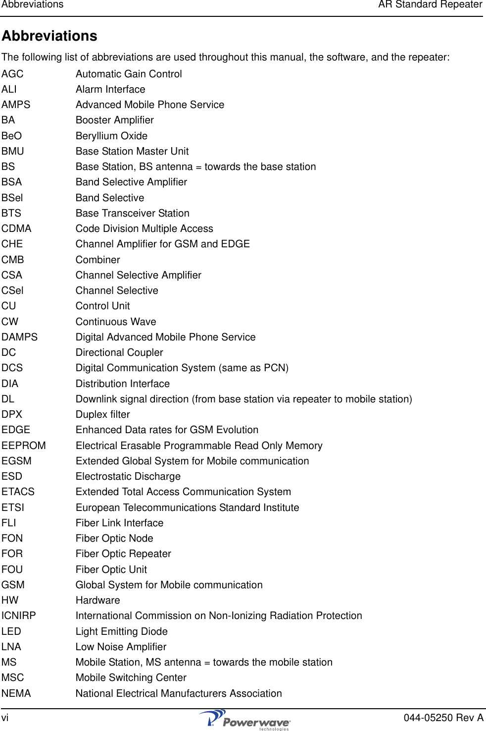 Abbreviations AR Standard Repeatervi 044-05250 Rev AAbbreviationsThe following list of abbreviations are used throughout this manual, the software, and the repeater:AGC Automatic Gain ControlALI Alarm InterfaceAMPS Advanced Mobile Phone ServiceBA Booster AmplifierBeO Beryllium OxideBMU Base Station Master UnitBS Base Station, BS antenna = towards the base stationBSA Band Selective AmplifierBSel Band SelectiveBTS Base Transceiver StationCDMA Code Division Multiple AccessCHE Channel Amplifier for GSM and EDGECMB CombinerCSA Channel Selective AmplifierCSel Channel SelectiveCU Control UnitCW Continuous WaveDAMPS Digital Advanced Mobile Phone ServiceDC Directional CouplerDCS Digital Communication System (same as PCN)DIA Distribution InterfaceDL Downlink signal direction (from base station via repeater to mobile station)DPX Duplex filterEDGE Enhanced Data rates for GSM EvolutionEEPROM Electrical Erasable Programmable Read Only MemoryEGSM Extended Global System for Mobile communicationESD Electrostatic DischargeETACS Extended Total Access Communication SystemETSI European Telecommunications Standard InstituteFLI Fiber Link InterfaceFON Fiber Optic NodeFOR Fiber Optic RepeaterFOU Fiber Optic UnitGSM Global System for Mobile communicationHW HardwareICNIRP International Commission on Non-Ionizing Radiation ProtectionLED Light Emitting DiodeLNA Low Noise AmplifierMS Mobile Station, MS antenna = towards the mobile stationMSC Mobile Switching CenterNEMA National Electrical Manufacturers Association