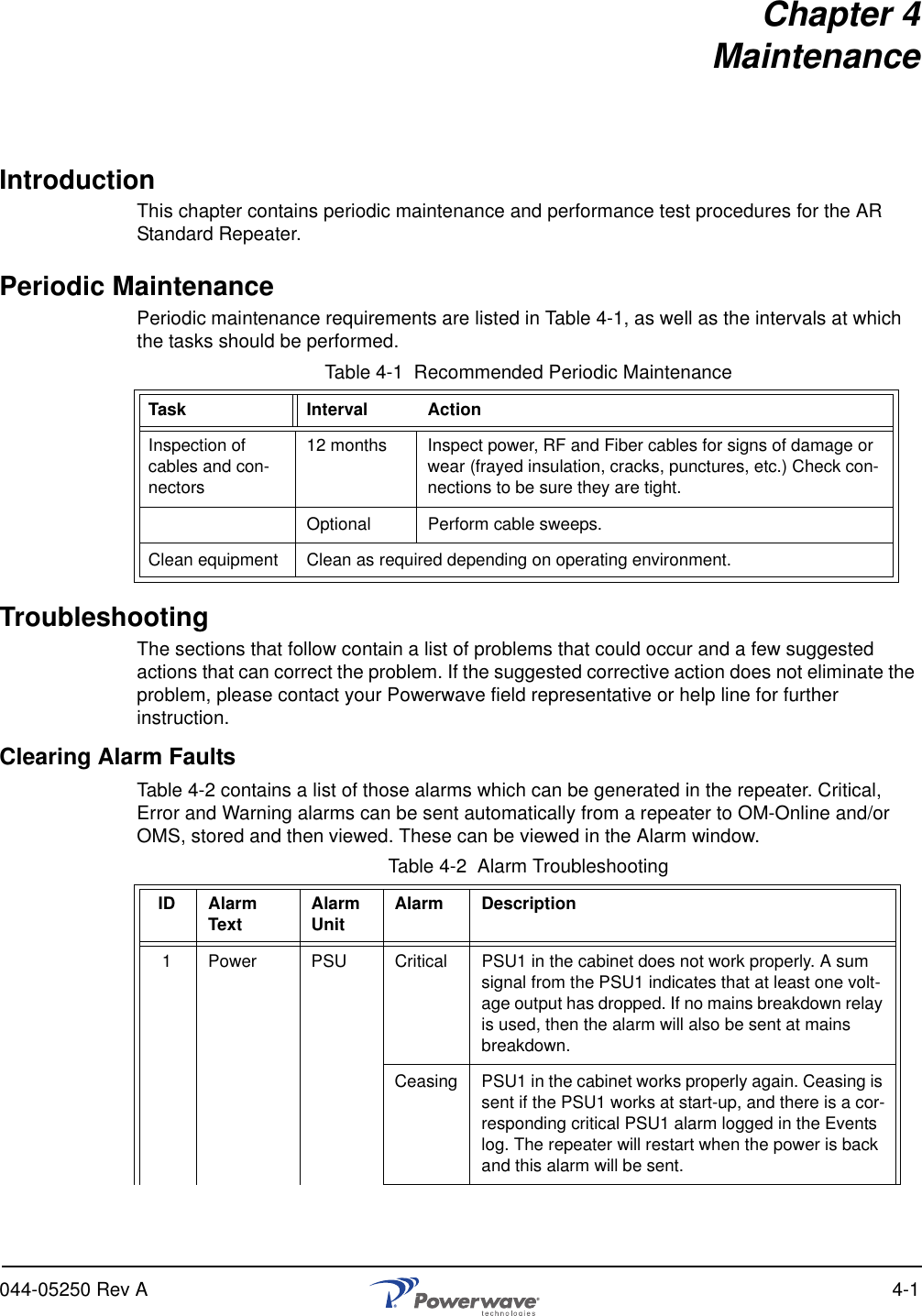044-05250 Rev A 4-1Chapter 4MaintenanceIntroductionThis chapter contains periodic maintenance and performance test procedures for the AR Standard Repeater.Periodic MaintenancePeriodic maintenance requirements are listed in Table 4-1, as well as the intervals at which the tasks should be performed.Table 4-1  Recommended Periodic MaintenanceTroubleshootingThe sections that follow contain a list of problems that could occur and a few suggested actions that can correct the problem. If the suggested corrective action does not eliminate the problem, please contact your Powerwave field representative or help line for further instruction.Clearing Alarm FaultsTable 4-2 contains a list of those alarms which can be generated in the repeater. Critical, Error and Warning alarms can be sent automatically from a repeater to OM-Online and/or OMS, stored and then viewed. These can be viewed in the Alarm window.Table 4-2  Alarm TroubleshootingTask Interval ActionInspection of cables and con-nectors12 months Inspect power, RF and Fiber cables for signs of damage or wear (frayed insulation, cracks, punctures, etc.) Check con-nections to be sure they are tight.Optional Perform cable sweeps.Clean equipment Clean as required depending on operating environment.ID Alarm Text Alarm Unit Alarm Description1 Power PSU Critical PSU1 in the cabinet does not work properly. A sum signal from the PSU1 indicates that at least one volt-age output has dropped. If no mains breakdown relay is used, then the alarm will also be sent at mains breakdown.Ceasing PSU1 in the cabinet works properly again. Ceasing is sent if the PSU1 works at start-up, and there is a cor-responding critical PSU1 alarm logged in the Events log. The repeater will restart when the power is back and this alarm will be sent.