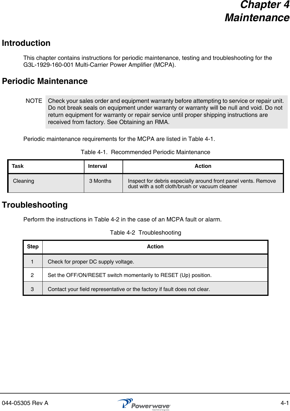 044-05305 Rev A 4-1Chapter 4MaintenanceIntroductionThis chapter contains instructions for periodic maintenance, testing and troubleshooting for the G3L-1929-160-001 Multi-Carrier Power Amplifier (MCPA).Periodic MaintenancePeriodic maintenance requirements for the MCPA are listed in Table 4-1.TroubleshootingPerform the instructions in Table 4-2 in the case of an MCPA fault or alarm.NOTE Check your sales order and equipment warranty before attempting to service or repair unit. Do not break seals on equipment under warranty or warranty will be null and void. Do not return equipment for warranty or repair service until proper shipping instructions are received from factory. See Obtaining an RMA.Table 4-1.  Recommended Periodic MaintenanceTask Interval ActionCleaning  3 Months Inspect for debris especially around front panel vents. Remove dust with a soft cloth/brush or vacuum cleanerTable 4-2  TroubleshootingStep Action1Check for proper DC supply voltage.2 Set the OFF/ON/RESET switch momentarily to RESET (Up) position.3Contact your field representative or the factory if fault does not clear.