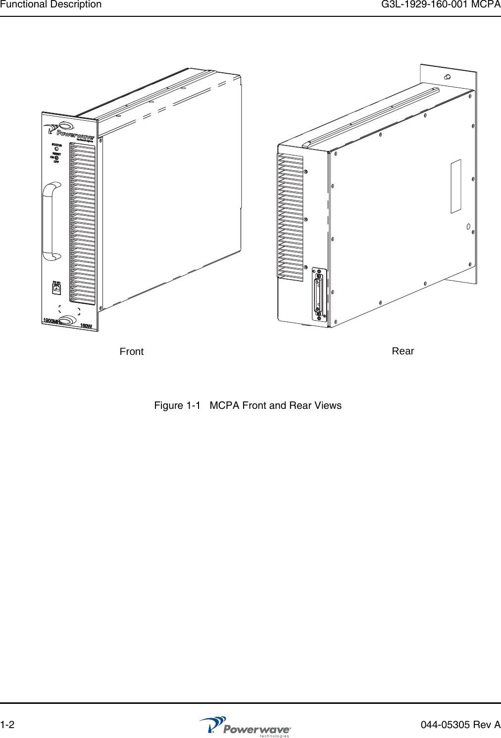Functional Description G3L-1929-160-001 MCPA1-2 044-05305 Rev AFigure 1-1   MCPA Front and Rear ViewsFront Rear