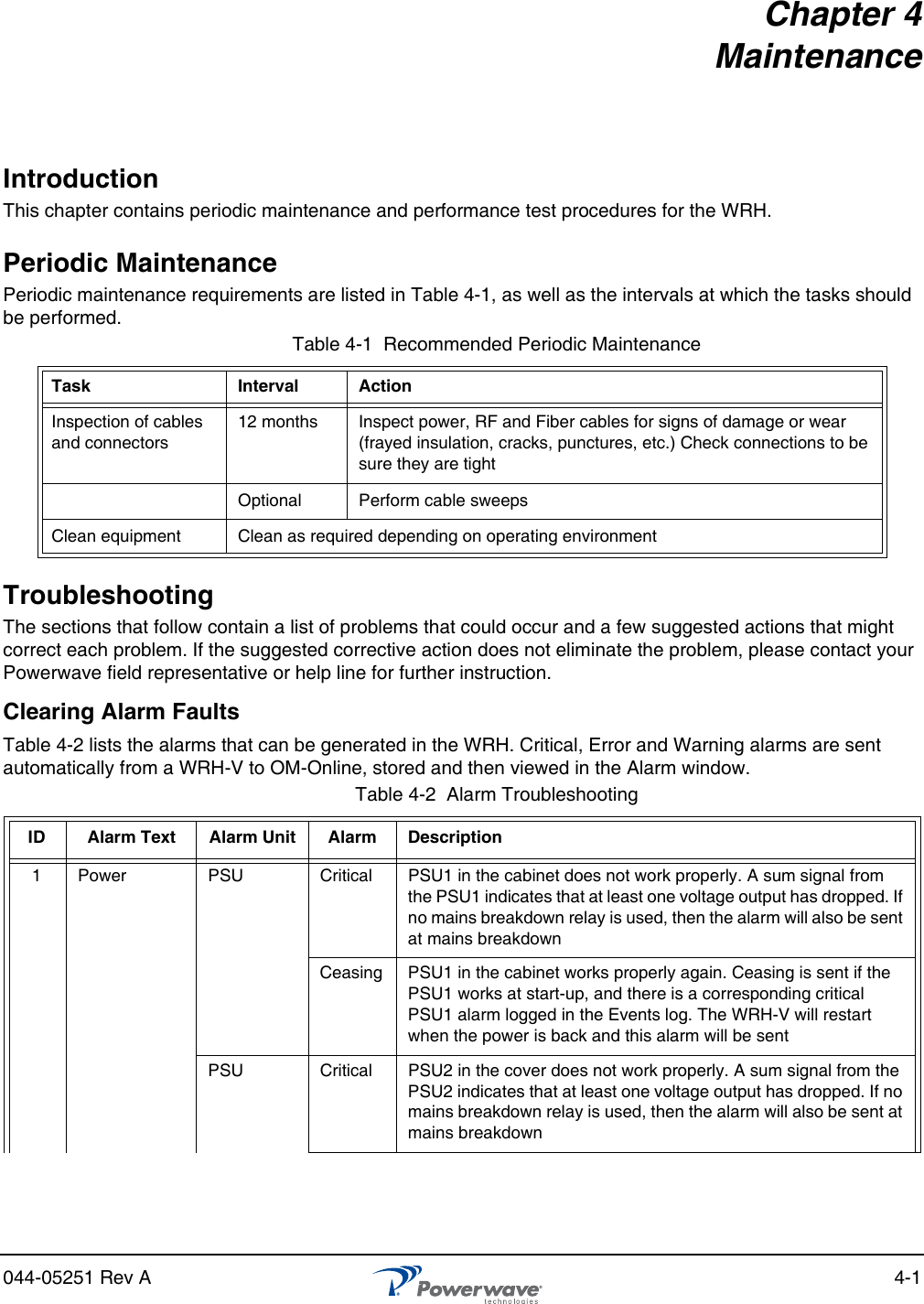 044-05251 Rev A 4-1Chapter 4 MaintenanceIntroductionThis chapter contains periodic maintenance and performance test procedures for the WRH.Periodic MaintenancePeriodic maintenance requirements are listed in Table 4-1, as well as the intervals at which the tasks should be performed.TroubleshootingThe sections that follow contain a list of problems that could occur and a few suggested actions that might correct each problem. If the suggested corrective action does not eliminate the problem, please contact your Powerwave field representative or help line for further instruction.Clearing Alarm FaultsTable 4-2 lists the alarms that can be generated in the WRH. Critical, Error and Warning alarms are sent automatically from a WRH-V to OM-Online, stored and then viewed in the Alarm window.Table 4-1  Recommended Periodic MaintenanceTask Interval ActionInspection of cables and connectors12 months Inspect power, RF and Fiber cables for signs of damage or wear (frayed insulation, cracks, punctures, etc.) Check connections to be sure they are tightOptional Perform cable sweepsClean equipment Clean as required depending on operating environmentTable 4-2  Alarm Troubleshooting ID Alarm Text Alarm Unit Alarm Description1 Power PSU Critical PSU1 in the cabinet does not work properly. A sum signal from the PSU1 indicates that at least one voltage output has dropped. If no mains breakdown relay is used, then the alarm will also be sent at mains breakdownCeasing PSU1 in the cabinet works properly again. Ceasing is sent if the PSU1 works at start-up, and there is a corresponding critical PSU1 alarm logged in the Events log. The WRH-V will restart when the power is back and this alarm will be sentPSU Critical PSU2 in the cover does not work properly. A sum signal from the PSU2 indicates that at least one voltage output has dropped. If no mains breakdown relay is used, then the alarm will also be sent at mains breakdown
