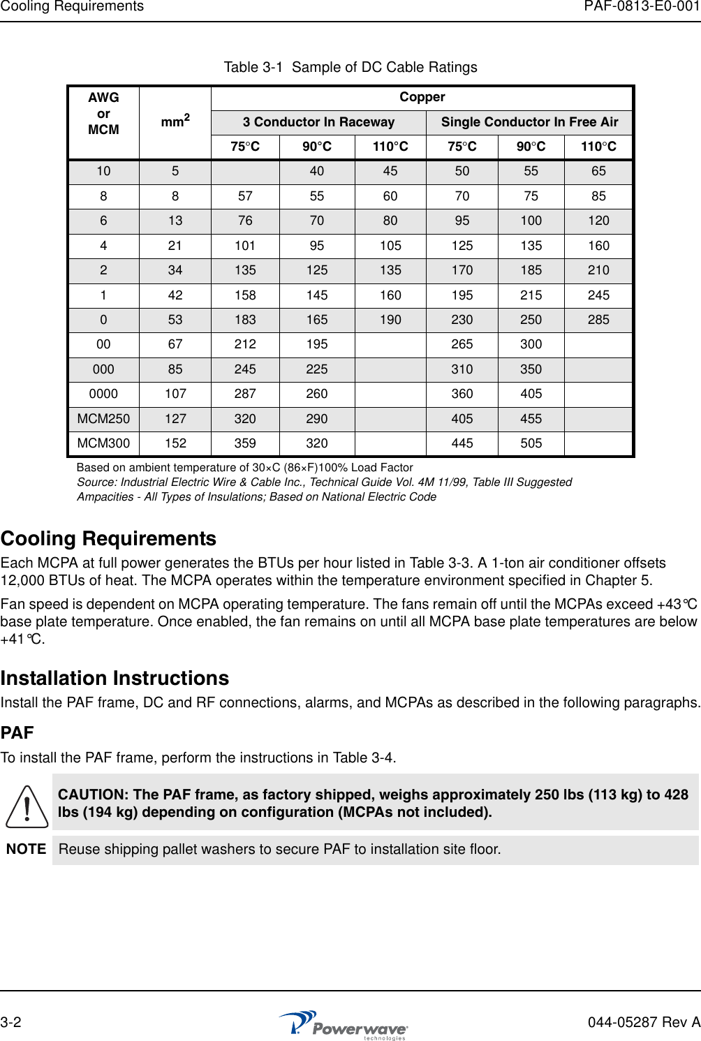 Cooling Requirements PAF-0813-E0-0013-2 044-05287 Rev ACooling RequirementsEach MCPA at full power generates the BTUs per hour listed in Table 3-3. A 1-ton air conditioner offsets 12,000 BTUs of heat. The MCPA operates within the temperature environment specified in Chapter 5.Fan speed is dependent on MCPA operating temperature. The fans remain off until the MCPAs exceed +43°C base plate temperature. Once enabled, the fan remains on until all MCPA base plate temperatures are below +41°C. Installation InstructionsInstall the PAF frame, DC and RF connections, alarms, and MCPAs as described in the following paragraphs.PAF To install the PAF frame, perform the instructions in Table 3-4.Table 3-1  Sample of DC Cable RatingsAWGorMCM mm2Copper3 Conductor In Raceway Single Conductor In Free Air75°C 90°C 110°C 75°C90°C110°C10 540 45 50 55 658 8 57 55 60 70 75 85613 76 70 80 95 100 1204 21 101 95 105 125 135 160234 135 125 135 170 185 2101 42 158 145 160 195 215 245053 183 165 190 230 250 28500 67 212 195 265 300000 85 245 225 310 3500000 107 287 260 360 405MCM250 127 320 290 405 455MCM300 152 359 320 445 505Based on ambient temperature of 30×C (86×F)100% Load Factor Source: Industrial Electric Wire &amp; Cable Inc., Technical Guide Vol. 4M 11/99, Table III Suggested Ampacities - All Types of Insulations; Based on National Electric CodeCAUTION: The PAF frame, as factory shipped, weighs approximately 250 lbs (113 kg) to 428 lbs (194 kg) depending on configuration (MCPAs not included).NOTE Reuse shipping pallet washers to secure PAF to installation site floor.