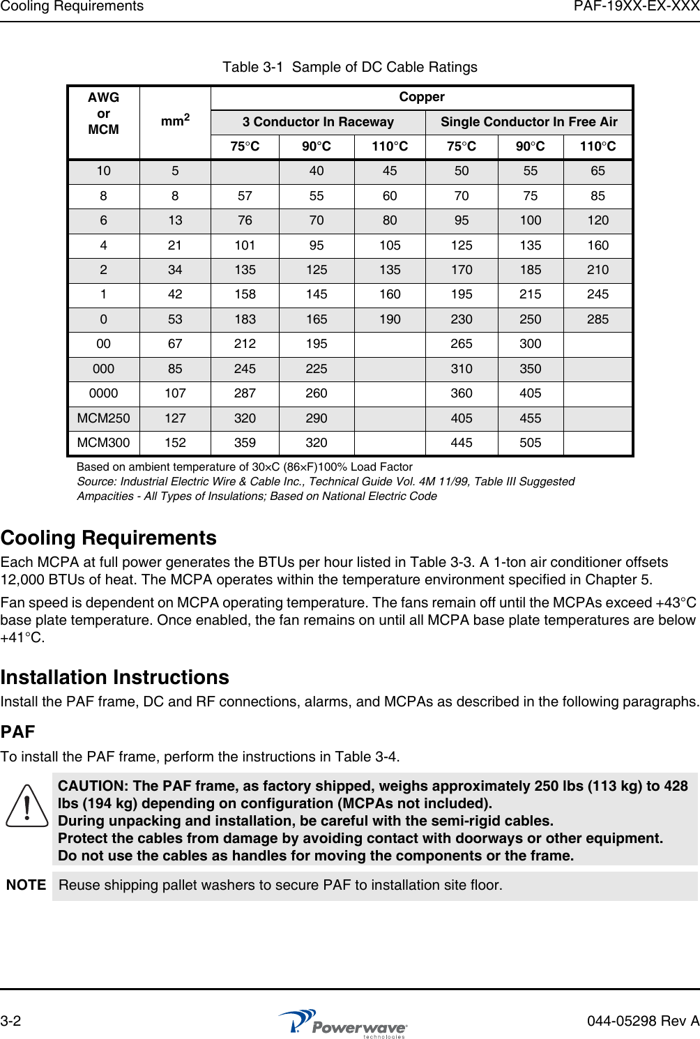 Cooling Requirements PAF-19XX-EX-XXX3-2 044-05298 Rev ACooling RequirementsEach MCPA at full power generates the BTUs per hour listed in Table 3-3. A 1-ton air conditioner offsets 12,000 BTUs of heat. The MCPA operates within the temperature environment specified in Chapter 5.Fan speed is dependent on MCPA operating temperature. The fans remain off until the MCPAs exceed +43°C base plate temperature. Once enabled, the fan remains on until all MCPA base plate temperatures are below +41°C. Installation InstructionsInstall the PAF frame, DC and RF connections, alarms, and MCPAs as described in the following paragraphs.PAF To install the PAF frame, perform the instructions in Table 3-4.Table 3-1  Sample of DC Cable RatingsAWGorMCM mm2Copper3 Conductor In Raceway Single Conductor In Free Air75°C 90°C 110°C 75°C90°C110°C10 540 45 50 55 658 8 57 55 60 70 75 85613 76 70 80 95 100 1204 21 101 95 105 125 135 160234 135 125 135 170 185 2101 42 158 145 160 195 215 245053 183 165 190 230 250 28500 67 212 195 265 300000 85 245 225 310 3500000 107 287 260 360 405MCM250 127 320 290 405 455MCM300 152 359 320 445 505Based on ambient temperature of 30×C (86×F)100% Load Factor Source: Industrial Electric Wire &amp; Cable Inc., Technical Guide Vol. 4M 11/99, Table III Suggested Ampacities - All Types of Insulations; Based on National Electric CodeCAUTION: The PAF frame, as factory shipped, weighs approximately 250 lbs (113 kg) to 428 lbs (194 kg) depending on configuration (MCPAs not included). During unpacking and installation, be careful with the semi-rigid cables. Protect the cables from damage by avoiding contact with doorways or other equipment. Do not use the cables as handles for moving the components or the frame.NOTE Reuse shipping pallet washers to secure PAF to installation site floor.