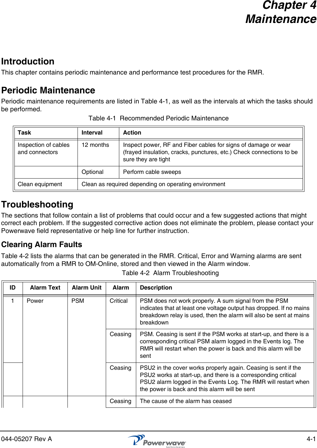 044-05207 Rev A 4-1Chapter 4MaintenanceIntroductionThis chapter contains periodic maintenance and performance test procedures for the RMR.Periodic MaintenancePeriodic maintenance requirements are listed in Table 4-1, as well as the intervals at which the tasks should be performed.TroubleshootingThe sections that follow contain a list of problems that could occur and a few suggested actions that might correct each problem. If the suggested corrective action does not eliminate the problem, please contact your Powerwave field representative or help line for further instruction.Clearing Alarm FaultsTable 4-2 lists the alarms that can be generated in the RMR. Critical, Error and Warning alarms are sent automatically from a RMR to OM-Online, stored and then viewed in the Alarm window.Table 4-1  Recommended Periodic MaintenanceTask Interval ActionInspection of cables and connectors12 months Inspect power, RF and Fiber cables for signs of damage or wear (frayed insulation, cracks, punctures, etc.) Check connections to be sure they are tightOptional Perform cable sweepsClean equipment Clean as required depending on operating environmentTable 4-2  Alarm TroubleshootingID Alarm Text Alarm Unit Alarm Description1 Power PSM Critical PSM does not work properly. A sum signal from the PSM indicates that at least one voltage output has dropped. If no mains breakdown relay is used, then the alarm will also be sent at mains breakdownCeasing PSM. Ceasing is sent if the PSM works at start-up, and there is a corresponding critical PSM alarm logged in the Events log. The RMR will restart when the power is back and this alarm will be sentCeasing PSU2 in the cover works properly again. Ceasing is sent if the PSU2 works at start-up, and there is a corresponding critical PSU2 alarm logged in the Events Log. The RMR will restart when the power is back and this alarm will be sentCeasing The cause of the alarm has ceased