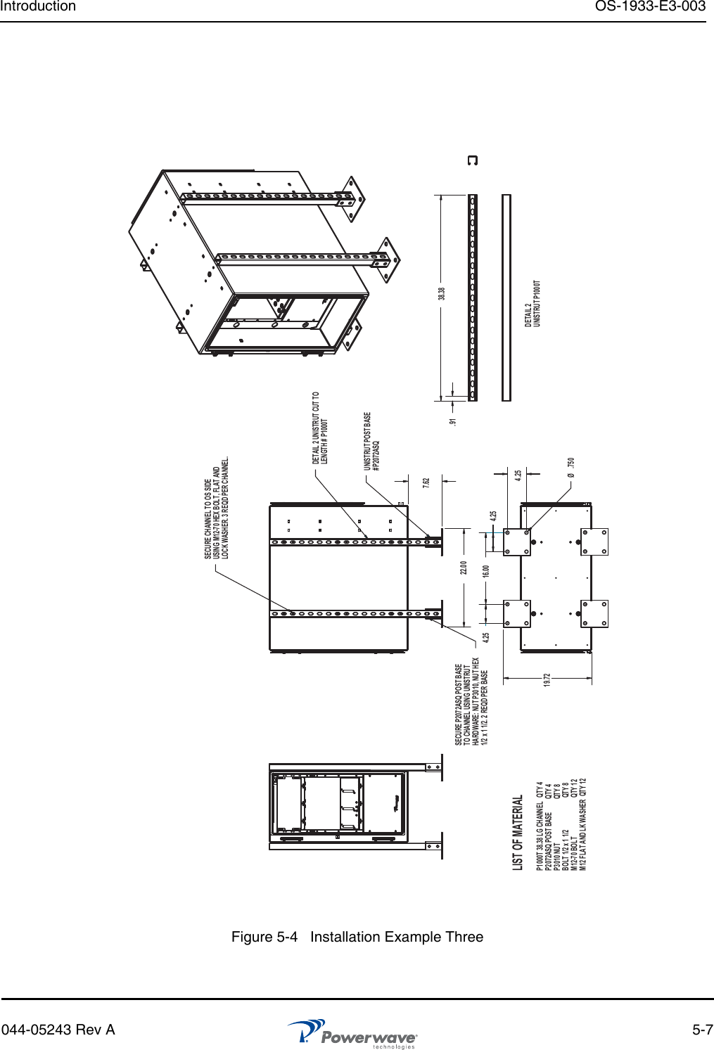 Introduction OS-1933-E3-003044-05243 Rev A 5-7Figure 5-4   Installation Example ThreeP1000T 38.38 LG CHANNEL   QTY 4P2072ASQ POST BASE         QTY 4P3010 NUT                              QTY 8BOLT 1/2 x 1 1/2                      QTY 8M12-70 BOLT                           QTY 12M12 FLAT AND LK WASHER  QTY 127.6222.00DETAIL 2 UNISTRUT CUT TOLENGTH # P1000TUNISTRUT POST BASE#P2072ASQSECURE P2072ASQ POST BASETO CHANNEL USING UNISTRUTHARDWARE: NUT P3010, NUT HEX1/2 x 1 1/2. 2 REQD PER BASESECURE CHANNEL TO OS SIDEUSING M12-70 HEX BOLT, FLAT ANDLOCK WASHER. 3 REQD PER CHANNEL.16.00 4.254.254.25Ø .75019.72DETAIL 2UNISTRUT P1000T38.38.91LIST OF MATERIAL