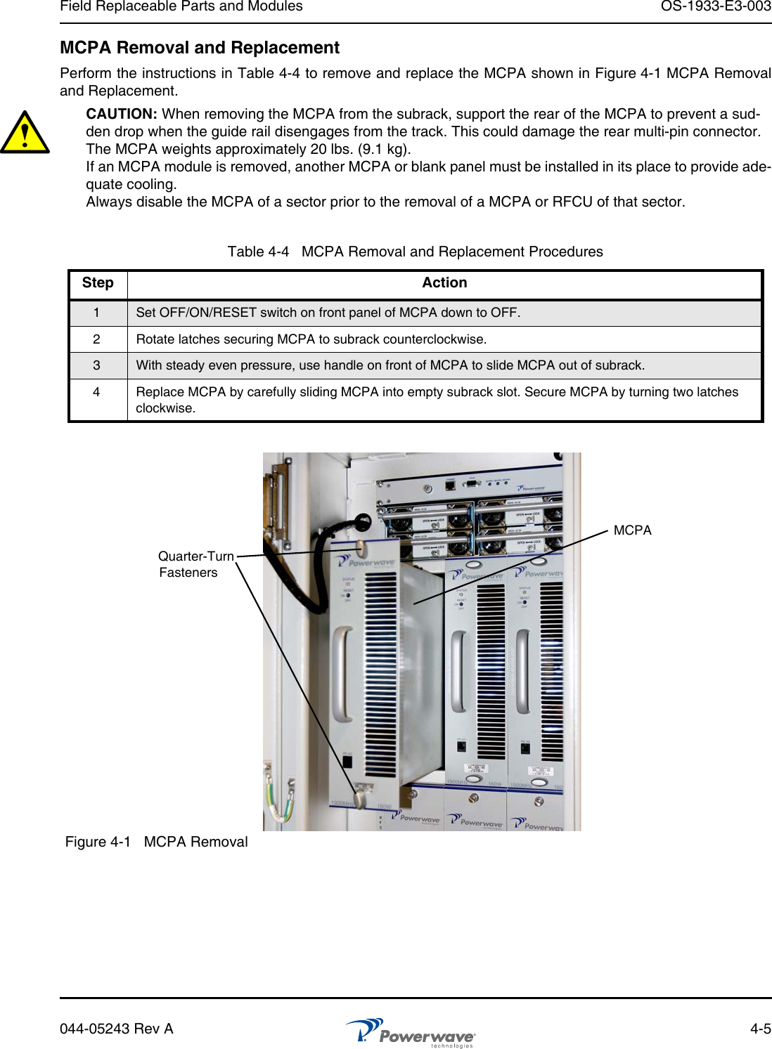 Field Replaceable Parts and Modules OS-1933-E3-003044-05243 Rev A 4-5MCPA Removal and ReplacementPerform the instructions in Table 4-4 to remove and replace the MCPA shown in Figure 4-1 MCPA Removaland Replacement.CAUTION: When removing the MCPA from the subrack, support the rear of the MCPA to prevent a sud-den drop when the guide rail disengages from the track. This could damage the rear multi-pin connector. The MCPA weights approximately 20 lbs. (9.1 kg).If an MCPA module is removed, another MCPA or blank panel must be installed in its place to provide ade-quate cooling.Always disable the MCPA of a sector prior to the removal of a MCPA or RFCU of that sector.Table 4-4   MCPA Removal and Replacement ProceduresStep Action1Set OFF/ON/RESET switch on front panel of MCPA down to OFF. 2 Rotate latches securing MCPA to subrack counterclockwise.3With steady even pressure, use handle on front of MCPA to slide MCPA out of subrack. 4 Replace MCPA by carefully sliding MCPA into empty subrack slot. Secure MCPA by turning two latches clockwise.Figure 4-1   MCPA Removal MCPAQuarter-TurnFasteners