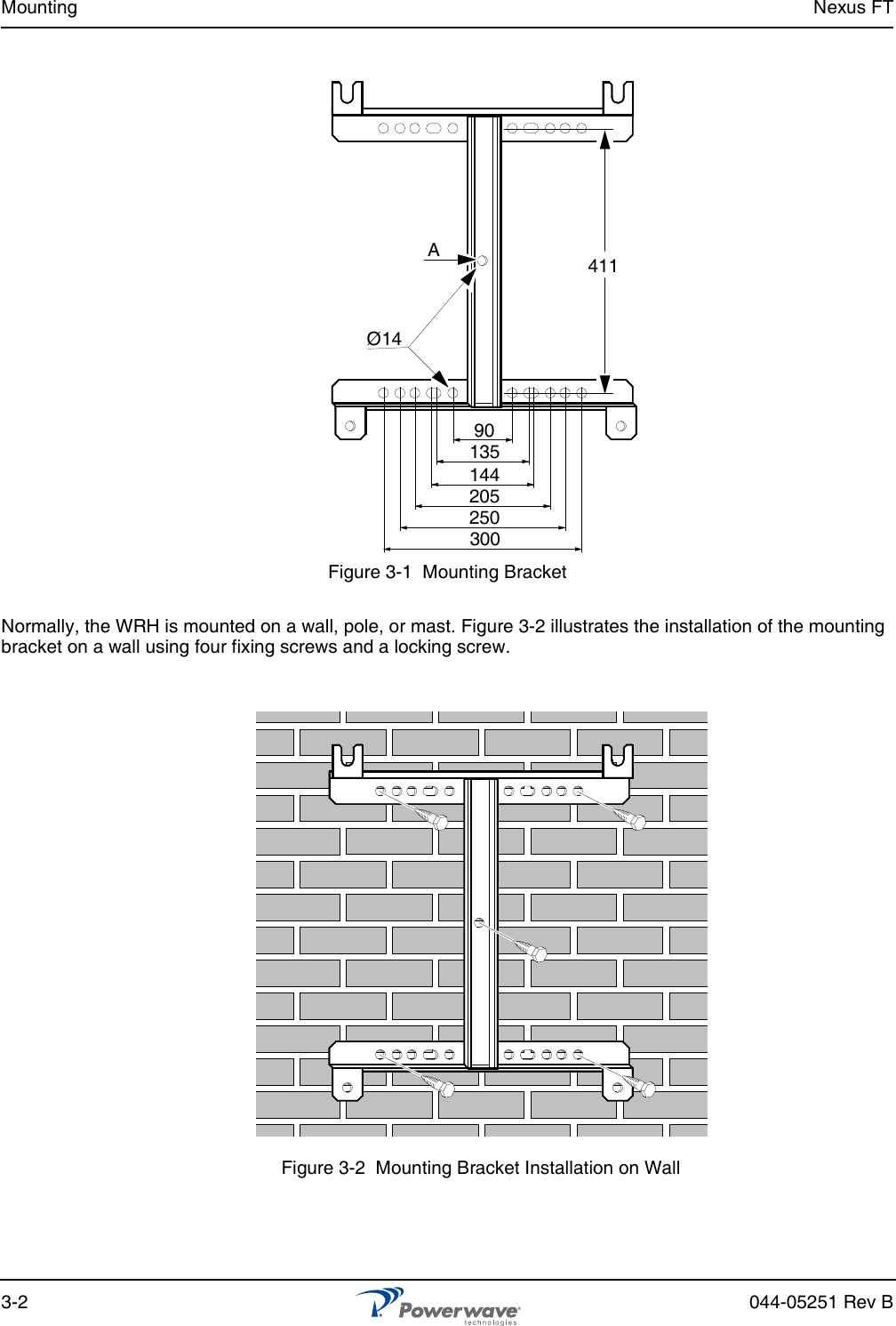 Mounting Nexus FT3-2 044-05251 Rev BFigure 3-1  Mounting BracketNormally, the WRH is mounted on a wall, pole, or mast. Figure 3-2 illustrates the installation of the mounting bracket on a wall using four fixing screws and a locking screw.Figure 3-2  Mounting Bracket Installation on Wall90135144205250300Ø14A411
