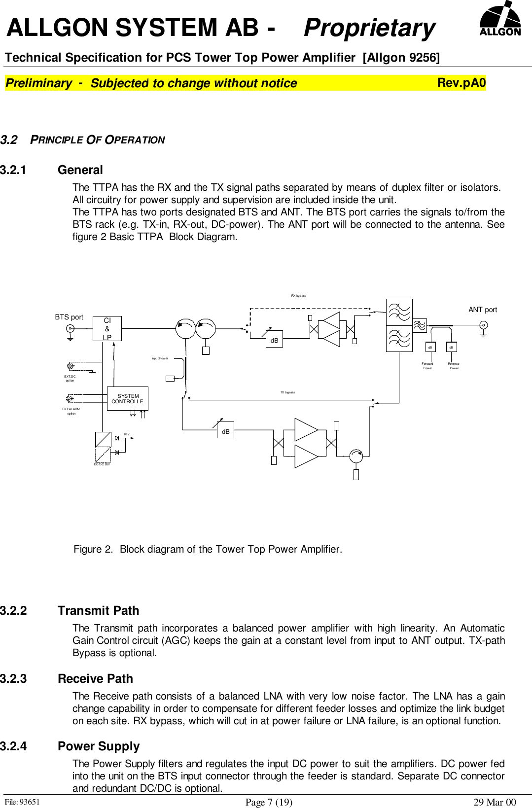  ALLGON SYSTEM AB -    Proprietary     Technical Specification for PCS Tower Top Power Amplifier  [Allgon 9256]Preliminary  -  Subjected to change without notice Rev.pA0File: 93651 Page 7 (19) 29 Mar 003.2 PRINCIPLE OF OPERATION3.2.1 GeneralThe TTPA has the RX and the TX signal paths separated by means of duplex filter or isolators. All circuitry for power supply and supervision are included inside the unit.The TTPA has two ports designated BTS and ANT. The BTS port carries the signals to/from theBTS rack (e.g. TX-in, RX-out, DC-power). The ANT port will be connected to the antenna. Seefigure 2 Basic TTPA  Block Diagram.     3.2.2 Transmit Path The Transmit path incorporates a balanced power amplifier with high linearity. An AutomaticGain Control circuit (AGC) keeps the gain at a constant level from input to ANT output. TX-pathBypass is optional.3.2.3 Receive Path The Receive path consists of a balanced LNA with very low noise factor. The LNA has a gainchange capability in order to compensate for different feeder losses and optimize the link budgeton each site. RX bypass, which will cut in at power failure or LNA failure, is an optional function.3.2.4 Power Supply The Power Supply filters and regulates the input DC power to suit the amplifiers. DC power fedinto the unit on the BTS input connector through the feeder is standard. Separate DC connectorand redundant DC/DC is optional. Figure 2.  Block diagram of the Tower Top Power Amplifier.EXT.DCop ti onCI&amp;LPdBIn pu t Pow erBTS portDC /D C 26V26 VdB dBANT portForwardPowerRe ve r sePowerTX by p assdBRX byp assSYSTEMCONT ROLLEEXT:ALARMop ti on