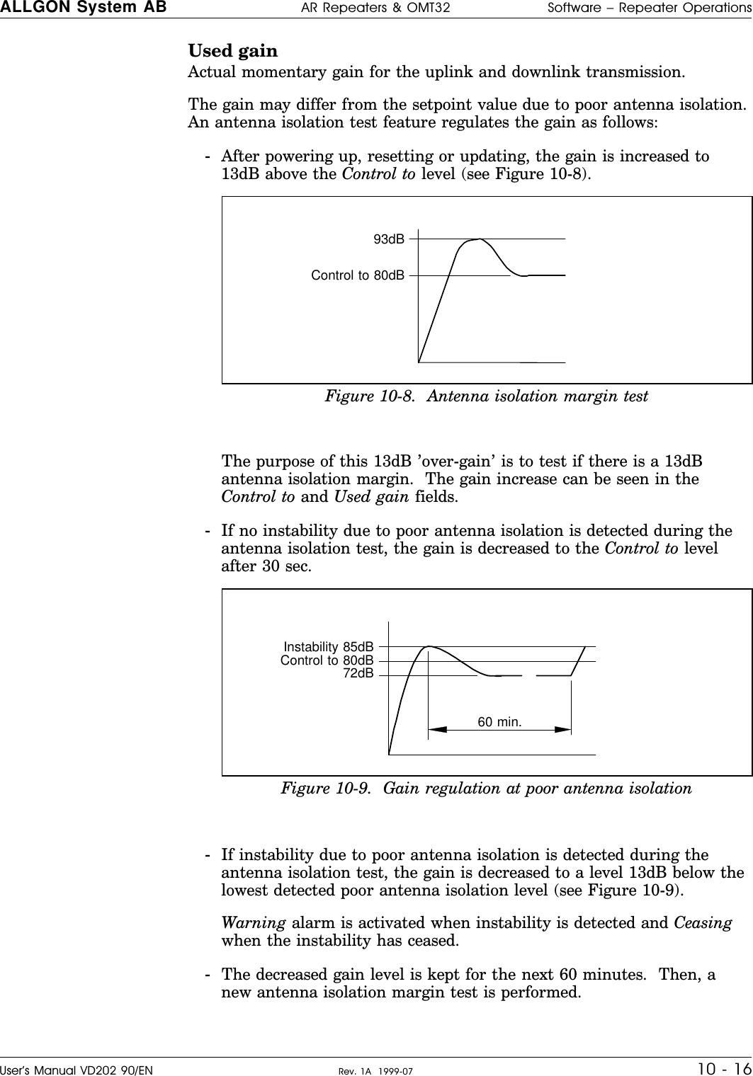 Used gain    Actual momentary gain for the uplink and downlink transmission.The gain may differ from the setpoint value due to poor antenna isolation.An antenna isolation test feature regulates the gain as follows:-After powering up, resetting or updating, the gain is increased to13dB above the Control to level (see Figure 10-8).The purpose of this 13dB ’over-gain’ is to test if there is a 13dBantenna isolation margin.  The gain increase can be seen in theControl to and Used gain fields.-If no instability due to poor antenna isolation is detected during theantenna isolation test, the gain is decreased to the Control to levelafter 30 sec.-If instability due to poor antenna isolation is detected during theantenna isolation test, the gain is decreased to a level 13dB below thelowest detected poor antenna isolation level (see Figure 10-9).Warning alarm is activated when instability is detected and Ceasingwhen the instability has ceased.-The decreased gain level is kept for the next 60 minutes.  Then, anew antenna isolation margin test is performed.93dBControl to 80dBFigure 10-8.  Antenna isolation margin testInstability 85dBControl to 80dB72dB60 min.Figure 10-9.  Gain regulation at poor antenna isolationALLGON System AB AR Repeaters &amp; OMT32 Software – Repeater OperationsUser’s Manual VD202 90/EN Rev. 1A  1999-07 10 - 16