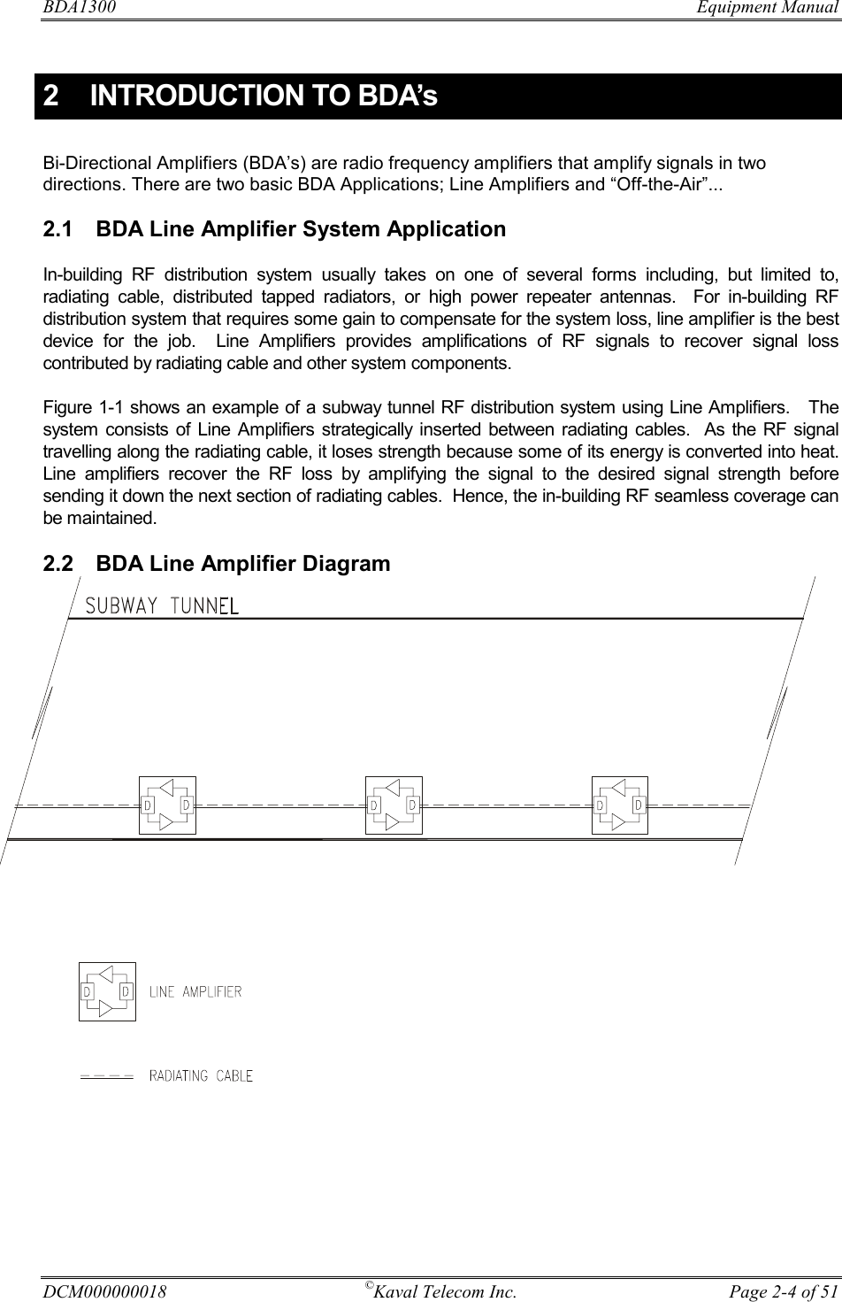 BDA1300     Equipment Manual DCM000000018  ©Kaval Telecom Inc.  Page 2-4 of 51  2   INTRODUCTION TO BDA’s  Bi-Directional Amplifiers (BDA’s) are radio frequency amplifiers that amplify signals in two directions. There are two basic BDA Applications; Line Amplifiers and “Off-the-Air”...  2.1  BDA Line Amplifier System Application  In-building RF distribution system usually takes on one of several forms including, but limited to, radiating cable, distributed tapped radiators, or high power repeater antennas.  For in-building RF distribution system that requires some gain to compensate for the system loss, line amplifier is the best device for the job.  Line Amplifiers provides amplifications of RF signals to recover signal loss contributed by radiating cable and other system components. Figure 1-1 shows an example of a subway tunnel RF distribution system using Line Amplifiers.   The system consists of Line Amplifiers strategically inserted between radiating cables.  As the RF signal travelling along the radiating cable, it loses strength because some of its energy is converted into heat.  Line amplifiers recover the RF loss by amplifying the signal to the desired signal strength before sending it down the next section of radiating cables.  Hence, the in-building RF seamless coverage can be maintained. 2.2  BDA Line Amplifier Diagram  