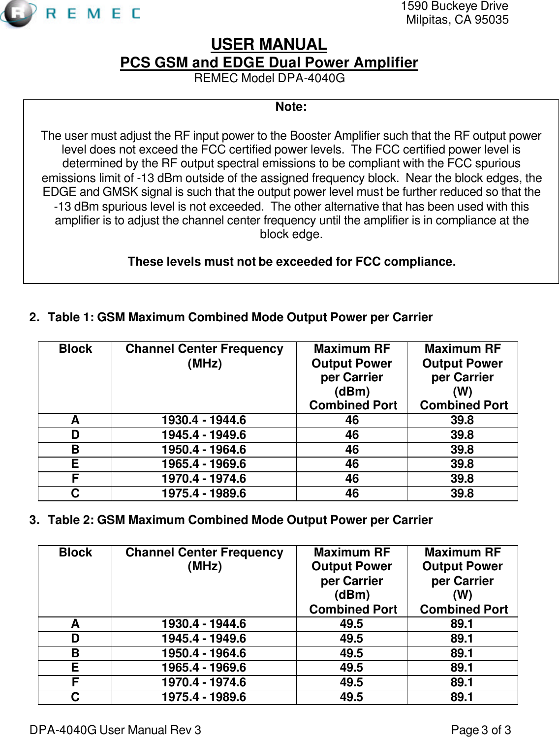   1590 Buckeye Drive Milpitas, CA 95035 USER MANUAL PCS GSM and EDGE Dual Power Amplifier REMEC Model DPA-4040G  DPA-4040G User Manual Rev 3                                                                                 Page 3 of 3 Note:  The user must adjust the RF input power to the Booster Amplifier such that the RF output power level does not exceed the FCC certified power levels.  The FCC certified power level is determined by the RF output spectral emissions to be compliant with the FCC spurious emissions limit of -13 dBm outside of the assigned frequency block.  Near the block edges, the EDGE and GMSK signal is such that the output power level must be further reduced so that the  -13 dBm spurious level is not exceeded.  The other alternative that has been used with this amplifier is to adjust the channel center frequency until the amplifier is in compliance at the block edge.  These levels must not be exceeded for FCC compliance.   2. Table 1: GSM Maximum Combined Mode Output Power per Carrier  Block Channel Center Frequency (MHz)  Maximum RF Output Power per Carrier (dBm)  Combined Port Maximum RF Output Power per Carrier (W)  Combined Port A 1930.4 - 1944.6 46 39.8 D 1945.4 - 1949.6 46 39.8 B 1950.4 - 1964.6 46 39.8 E 1965.4 - 1969.6 46 39.8 F 1970.4 - 1974.6 46 39.8 C 1975.4 - 1989.6 46 39.8 3. Table 2: GSM Maximum Combined Mode Output Power per Carrier  Block Channel Center Frequency (MHz)  Maximum RF Output Power per Carrier (dBm)  Combined Port Maximum RF Output Power per Carrier (W)  Combined Port A 1930.4 - 1944.6 49.5 89.1 D 1945.4 - 1949.6 49.5 89.1 B 1950.4 - 1964.6 49.5 89.1 E 1965.4 - 1969.6 49.5 89.1 F 1970.4 - 1974.6 49.5 89.1 C 1975.4 - 1989.6 49.5 89.1 