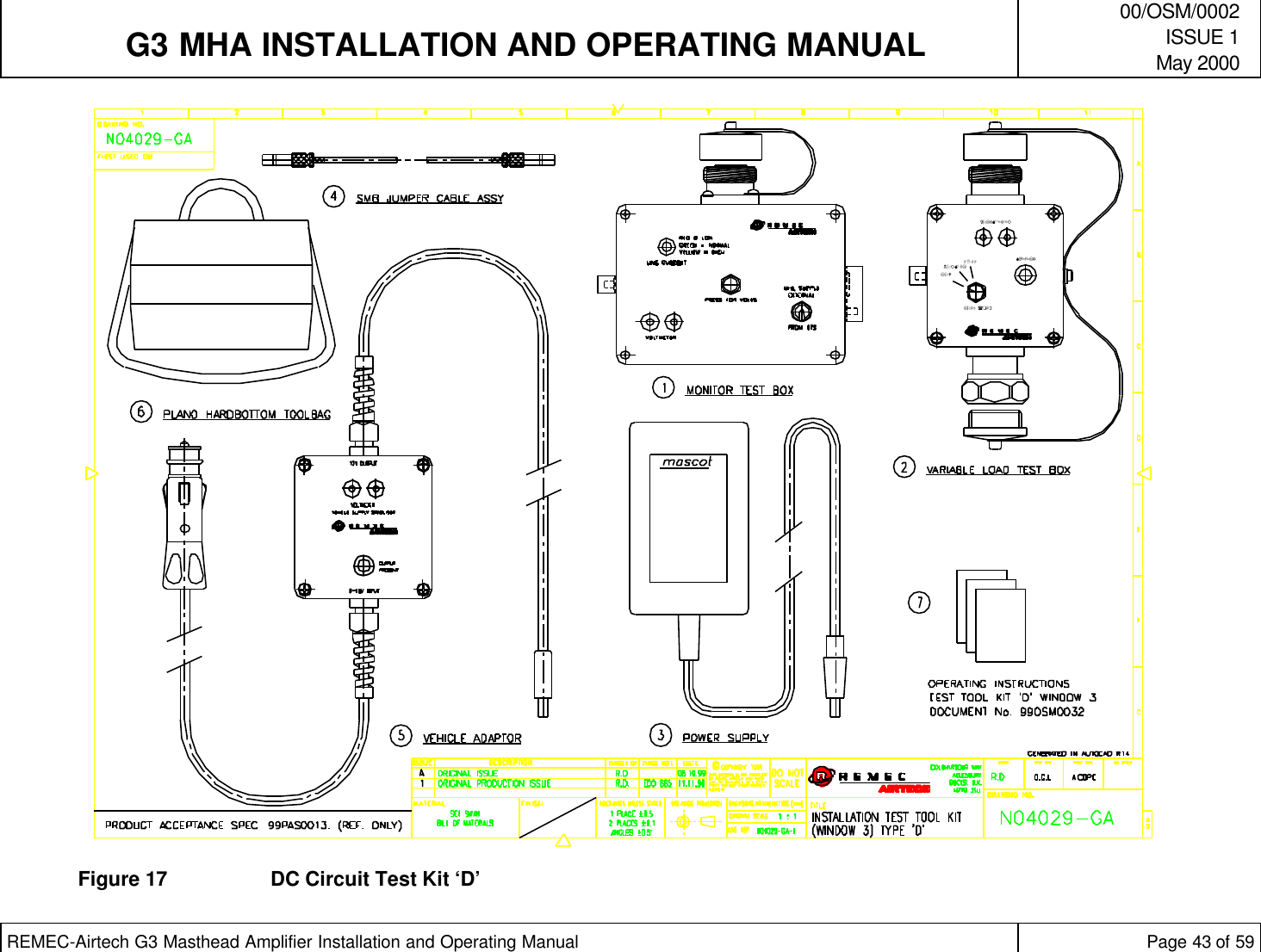   G3 MHA INSTALLATION AND OPERATING MANUAL00/OSM/0002ISSUE 1May 2000REMEC-Airtech G3 Masthead Amplifier Installation and Operating Manual Page 43 of 59Figure 17 DC Circuit Test Kit ‘D’LOAD (mA)NORMALLOWHIGH SUPPLYVOLTMETER