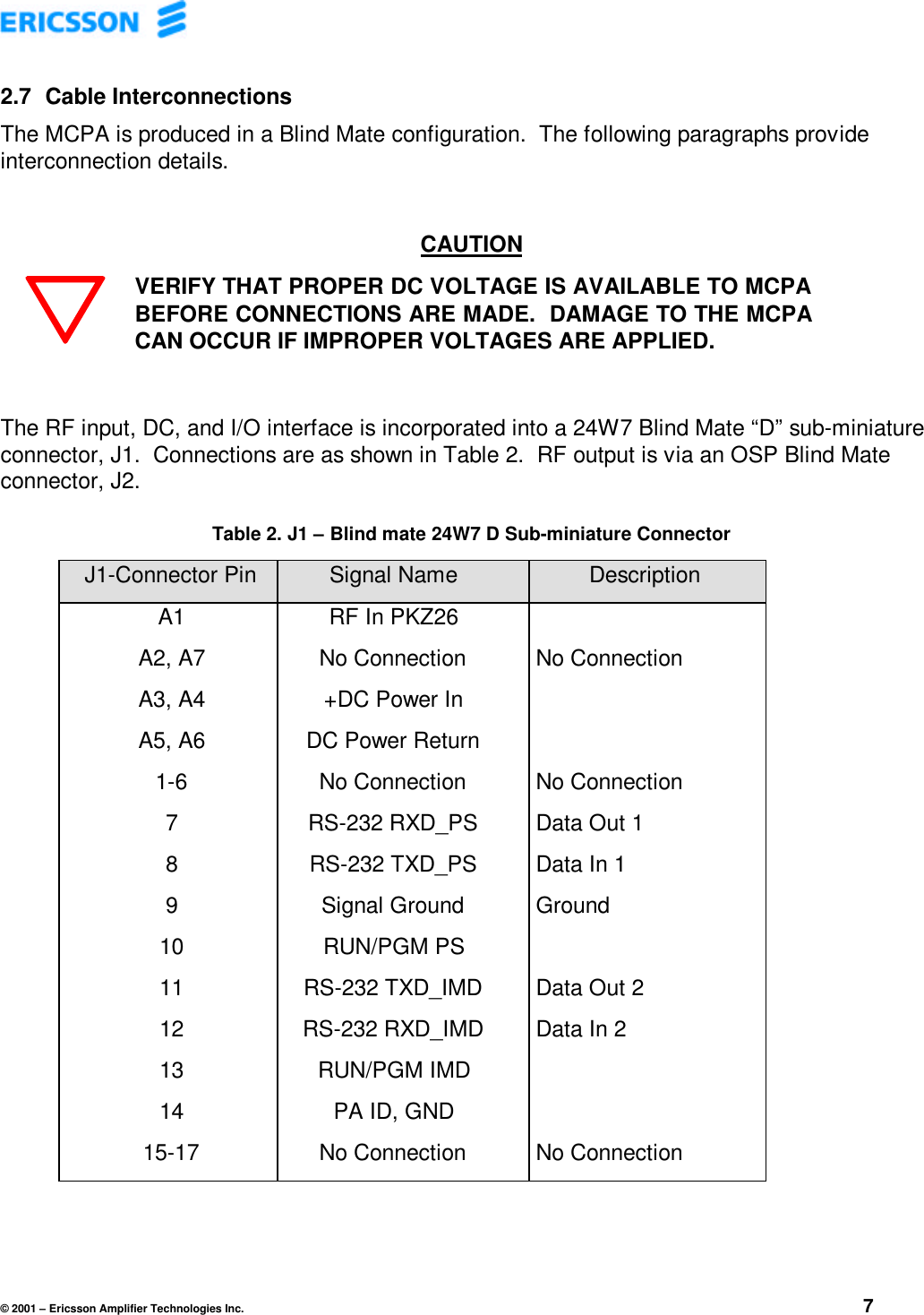 © 2001 – Ericsson Amplifier Technologies Inc. 72.7  Cable InterconnectionsThe MCPA is produced in a Blind Mate configuration.  The following paragraphs provideinterconnection details.CAUTIONVERIFY THAT PROPER DC VOLTAGE IS AVAILABLE TO MCPABEFORE CONNECTIONS ARE MADE.  DAMAGE TO THE MCPACAN OCCUR IF IMPROPER VOLTAGES ARE APPLIED.The RF input, DC, and I/O interface is incorporated into a 24W7 Blind Mate “D” sub-miniatureconnector, J1.  Connections are as shown in Table 2.  RF output is via an OSP Blind Mateconnector, J2.Table 2. J1 – Blind mate 24W7 D Sub-miniature ConnectorJ1-Connector Pin Signal Name DescriptionA1 RF In PKZ26A2, A7 No Connection No ConnectionA3, A4 +DC Power InA5, A6 DC Power Return1-6 No Connection No Connection7 RS-232 RXD_PS Data Out 18 RS-232 TXD_PS Data In 19 Signal Ground Ground10 RUN/PGM PS11 RS-232 TXD_IMD Data Out 212 RS-232 RXD_IMD Data In 213 RUN/PGM IMD14 PA ID, GND15-17 No Connection No Connection