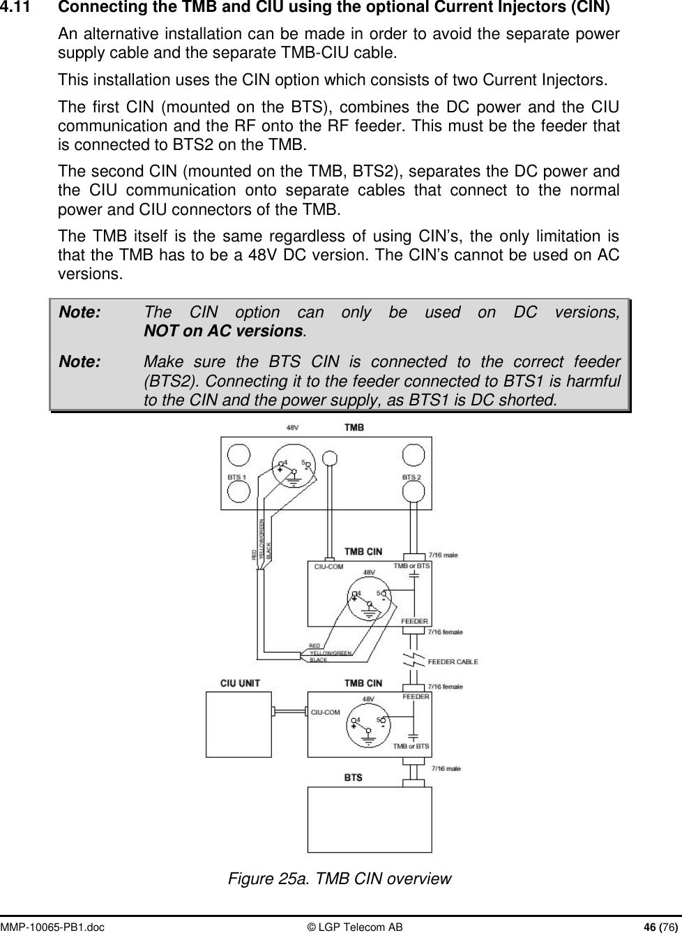  MMP-10065-PB1.doc  © LGP Telecom AB  46 (76)   4.11  Connecting the TMB and CIU using the optional Current Injectors (CIN) An alternative installation can be made in order to avoid the separate power supply cable and the separate TMB-CIU cable. This installation uses the CIN option which consists of two Current Injectors. The first CIN (mounted on the BTS), combines the DC power and the CIU communication and the RF onto the RF feeder. This must be the feeder that is connected to BTS2 on the TMB. The second CIN (mounted on the TMB, BTS2), separates the DC power and the CIU communication onto separate cables that connect to the normal power and CIU connectors of the TMB. The TMB itself is the same regardless of using CIN’s, the only limitation is that the TMB has to be a 48V DC version. The CIN’s cannot be used on AC versions. Note:  The CIN option can only be used on DC versions, NOT on AC versions. Note:  Make sure the BTS CIN is connected to the correct feeder (BTS2). Connecting it to the feeder connected to BTS1 is harmful to the CIN and the power supply, as BTS1 is DC shorted.  Figure 25a. TMB CIN overview