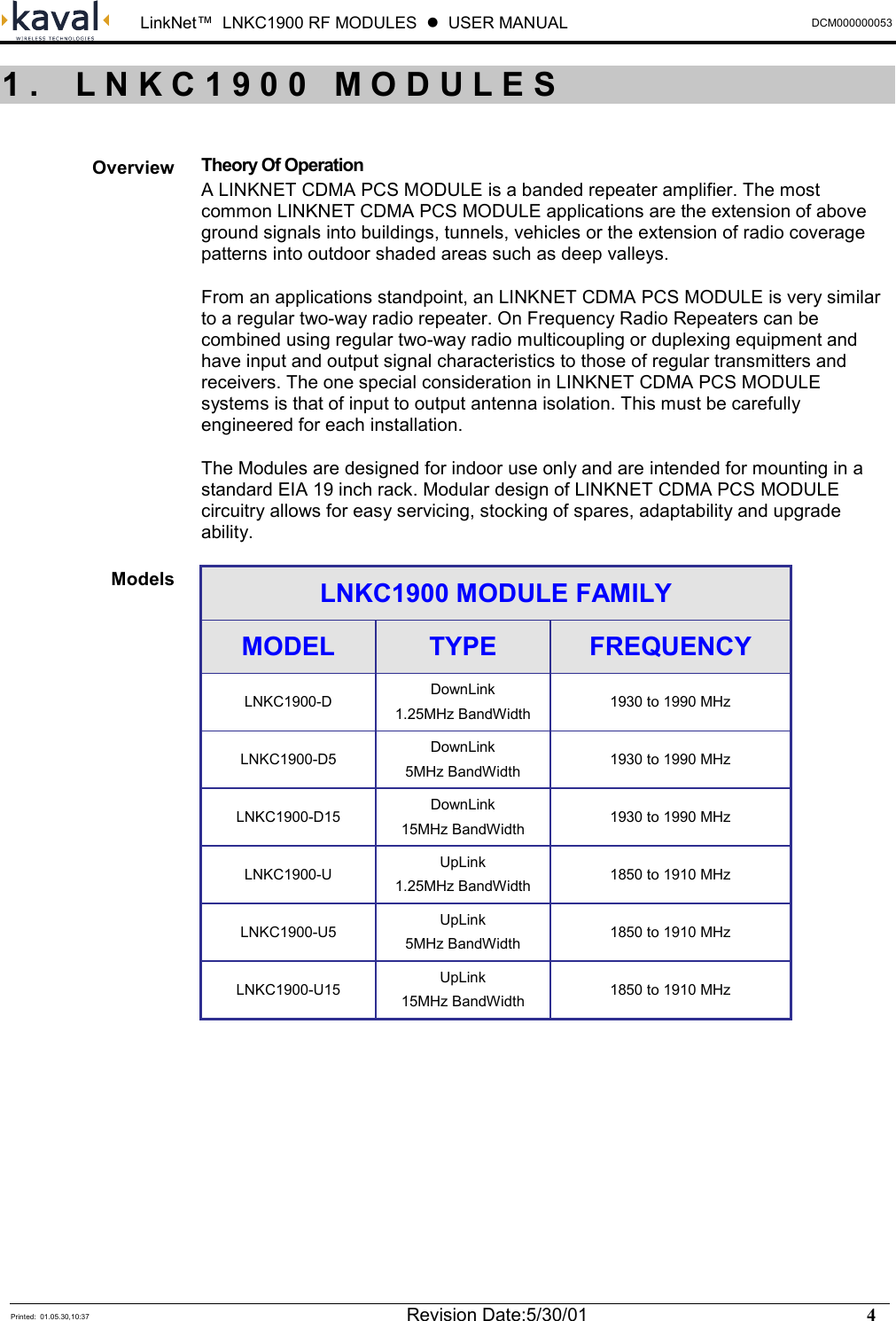  LinkNet™  LNKC1900 RF MODULES  !  USER MANUAL DCM000000053   Printed:  01.05.30,10:37  Revision Date:5/30/01    4    Theory Of Operation A LINKNET CDMA PCS MODULE is a banded repeater amplifier. The most common LINKNET CDMA PCS MODULE applications are the extension of above ground signals into buildings, tunnels, vehicles or the extension of radio coverage patterns into outdoor shaded areas such as deep valleys. From an applications standpoint, an LINKNET CDMA PCS MODULE is very similar to a regular two-way radio repeater. On Frequency Radio Repeaters can be combined using regular two-way radio multicoupling or duplexing equipment and have input and output signal characteristics to those of regular transmitters and receivers. The one special consideration in LINKNET CDMA PCS MODULE systems is that of input to output antenna isolation. This must be carefully engineered for each installation. The Modules are designed for indoor use only and are intended for mounting in a standard EIA 19 inch rack. Modular design of LINKNET CDMA PCS MODULE circuitry allows for easy servicing, stocking of spares, adaptability and upgrade ability. LNKC1900 MODULE FAMILY MODEL  TYPE  FREQUENCY LNKC1900-D  DownLink 1.25MHz BandWidth  1930 to 1990 MHz LNKC1900-D5  DownLink 5MHz BandWidth  1930 to 1990 MHz LNKC1900-D15  DownLink 15MHz BandWidth  1930 to 1990 MHz LNKC1900-U  UpLink 1.25MHz BandWidth  1850 to 1910 MHz LNKC1900-U5  UpLink 5MHz BandWidth  1850 to 1910 MHz LNKC1900-U15  UpLink 15MHz BandWidth  1850 to 1910 MHz  1. LNKC1900 MODULESOverview Models 