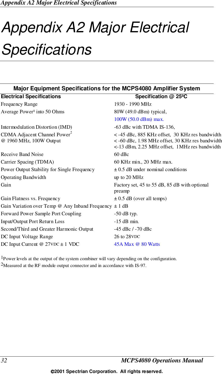 Appendix A2 Major Electrical Specifications32 MCPS4080 Operations Manual2001 Spectrian Corporation.  All rights reserved.Appendix A2 Major ElectricalSpecificationsMajor Equipment Specifications for the MCPS4080 Amplifier SystemElectrical Specifications Specification @ 25ºCFrequency Range 1930 - 1990 MHzAverage Power¹ into 50 Ohms 80W (49.0 dBm) typical,100W (50.0 dBm) max.Intermodulation Distortion (IMD) -63 dBc with TDMA IS-136,CDMA Adjacent Channel Power2&lt; -45 dBc, 885 KHz offset,  30 KHz res bandwidth@ 1960 MHz, 100W Output &lt; -60 dBc, 1.98 MHz offset, 30 KHz res bandwidth&lt;-13 dBm, 2.25 MHz offset,  1MHz res bandwidthReceive Band Noise 60 dBcCarrier Spacing (TDMA) 60 KHz min., 20 MHz max.Power Output Stability for Single Frequency ± 0.5 dB under nominal conditionsOperating Bandwidth up to 20 MHzGain Factory set, 45 to 55 dB, 85 dB with optionalpreampGain Flatness vs. Frequency ± 0.5 dB (over all temps)Gain Variation over Temp @ Any Inband Frequency ± 1 dBForward Power Sample Port Coupling -50 dB typ.Input/Output Port Return Loss -15 dB min.Second/Third and Greater Harmonic Output -45 dBc / -70 dBcDC Input Voltage Range 26 to 28VDCDC Input Current @ 27VDC ± 1 VDC 45A Max @ 80 Watts1Power levels at the output of the system combiner will vary depending on the configuration.2Measured at the RF module output connector and in accordance with IS-97.