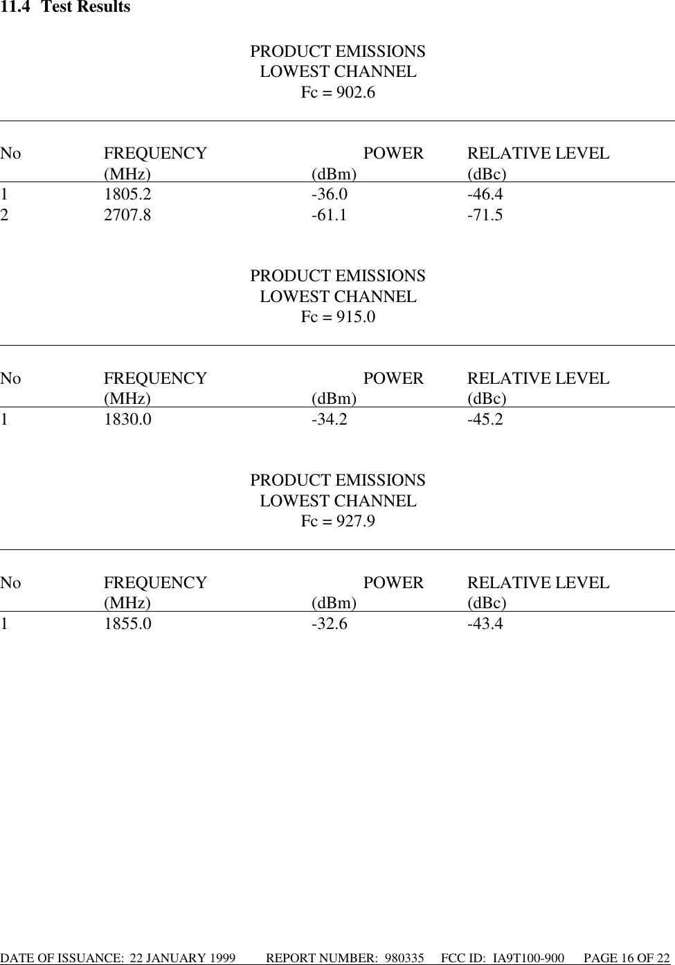 DATE OF ISSUANCE:  22 JANUARY 1999          REPORT NUMBER:  980335      FCC ID:  IA9T100-900      PAGE 16 OF 2211.4 Test ResultsPRODUCT EMISSIONSLOWEST CHANNELFc = 902.6                                                                                                                                                            No FREQUENCY POWER RELATIVE LEVEL                        (MHz)                                      (dBm)                          (dBc)                                       1 1805.2 -36.0 -46.42 2707.8 -61.1 -71.5PRODUCT EMISSIONSLOWEST CHANNELFc = 915.0                                                                                                                                                            No FREQUENCY POWER RELATIVE LEVEL                        (MHz)                                      (dBm)                          (dBc)                                       1 1830.0 -34.2 -45.2PRODUCT EMISSIONSLOWEST CHANNELFc = 927.9                                                                                                                                                            No FREQUENCY POWER RELATIVE LEVEL                        (MHz)                                      (dBm)                          (dBc)                                       1 1855.0 -32.6 -43.4