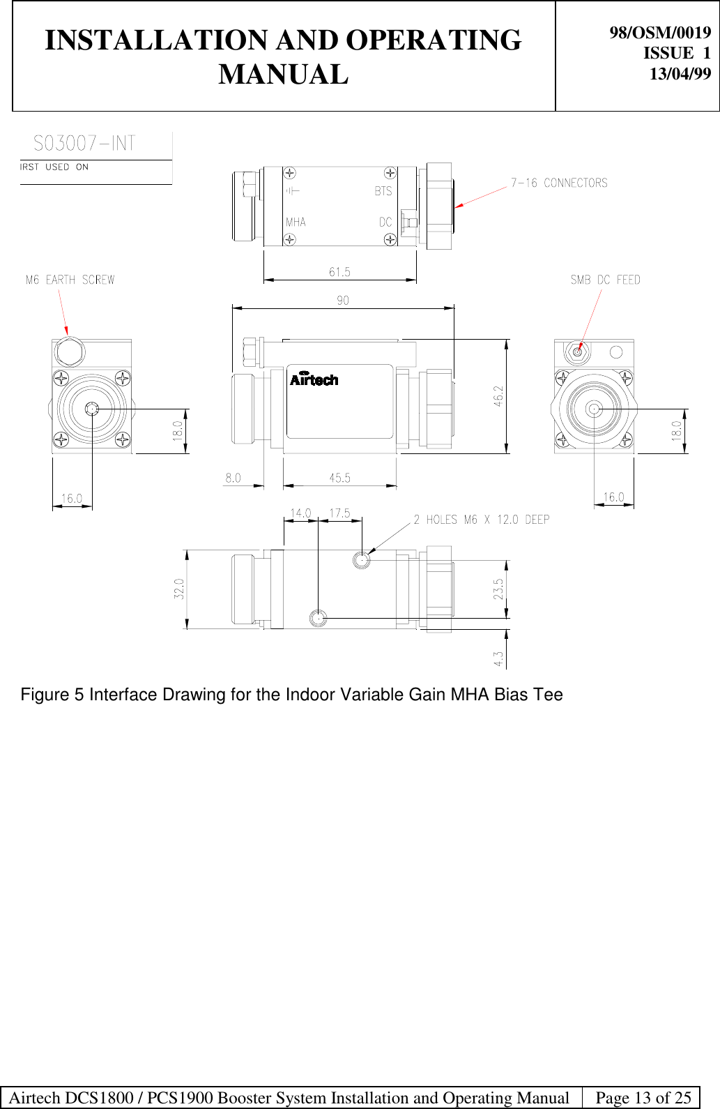 INSTALLATION AND OPERATINGMANUAL98/OSM/0019ISSUE  113/04/99Airtech DCS1800 / PCS1900 Booster System Installation and Operating Manual Page 13 of 25Figure 5 Interface Drawing for the Indoor Variable Gain MHA Bias Tee