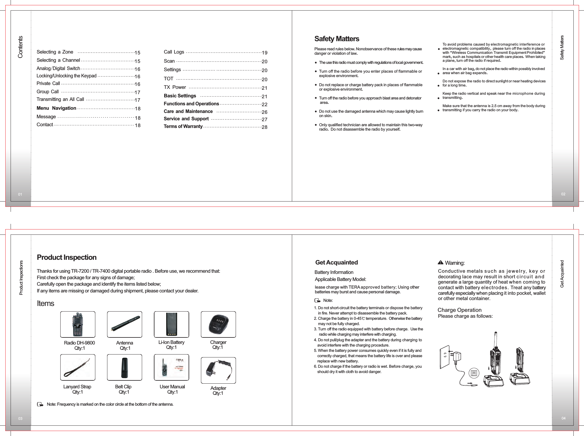 Safety MattersContentsProduct InspectionrsGet Acquainted15Selecting a Zone15Selecting a Channel16Analog/Digital Switch16Locking/Unlocking the Keypad16Private Call17Group Call17Transmitting an All CallMenu Navigation 18Contact18Message18Call Logs 19Scan 20Settings 20TOT 2021TX  Power21Basic Settings26Care and Maintenance27Service and Support28Terms of Warranty22Functions and OperationsSafety Matters To avoid problems caused by electromagnetic interference or electromagnetic compatibility, please turn off the radio in places with “Wireless Communication Transmit Equipment Prohibited”mark, such as hospitals or other health care places. When taking a plane, turn off the radio if required.In a car with air bag, do not place the radio within possibly involved area when air bag expands.Do not expose the radio to direct sunlight or near heating devicesfor a long time.Keep the radio vertical and speak near the microphone during transmitting.Make sure that the antenna is 2.5 cm away from the body during transmitting if you carry the radio on your body.Thanks for using TR-7200 / TR-7400  . Before use, we recommend that:First check the package for any signs of damage;Carefully open the package and identify the items listed below;If any items are missing or damaged during shipment, please contact your dealer.digital portable radio Product InspectionItemsRadio DH-9800        Qty:1Li-Ion Battery      Qty:1Charger  Qty:1Adapter  Qty:1Antenna   Qty:1Lanyard Strap       Qty:1Belt Clip   Qty:1Note: Frequency is marked on the color circle at the bottom of the antenna.User Manual      Qty:1Please read rules below. Nonobservance of these rules may cause danger or violation of law.The use this radio must comply with regulations of local government.Turn off the radio before you enter places of flammable or explosive environment.Do not replace or charge battery pack in places of flammable or explosive environment.Turn off the radio before you approach blast area and detonator area.Do not use the damaged antenna which may cause lightly burn on skin.Only qualified technician are allowed to maintain this two-way radio.  Do not disassemble the radio by yourself.Applicable Battery Model:lease charge with TERA approved battery; Using other batteries may burst and cause personal damage.Get AcquaintedBattery InformationNote: 1. Do not short-circuit the battery terminals or dispose the battery    in fire. Never attempt to disassemble the battery pack.2. Charge the battery in 0-45℃ temperature. Otherwise the battery     may not be fully charged.3. Turn off the radio equipped with battery before charge.  Use the    radio while charging may interfere with charging.4. Do not pull/plug the adapter and the battery during charging to   avoid interfere with the charging procedure.5. When the battery power consumes quickly even if it is fully and   correctly charged, that means the battery life is over and please   replace with new battery.6. Do not charge if the battery or radio is wet. Before charge, you   should dry it with cloth to avoid danger.  Warning:Conductive metals s uc h  as j e w elr y,  k ey o r  decorating lace may result in short cir c u it a n d generate a large quantity of heat when coming to contact with battery electrodes. Treat any battery carefully especially when placing it into pocket, wallet or other metal container. Charge OperationPlease charge as follows:01 0203 04