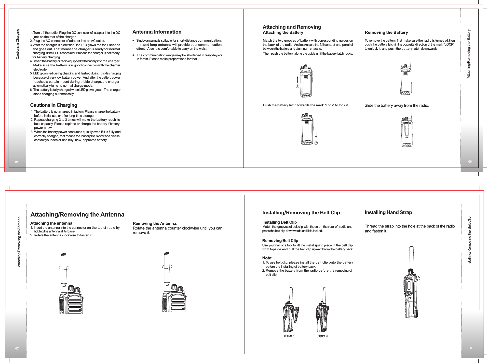 Attaching/Removing the AntennaAttaching the antenna:1. Insert the antenna into the connector on the top of  radio by      holding the antenna at its base.2. Rotate the antenna clockwise to fasten it.Removing the Antenna:Rotate the antenna counter clockwise until you can remove it.Removing the BatteryAttaching/Removing the BatteryAttaching/Removing the AntennaInstalling/Removing the Belt Clip Cautions in Charging1. Turn off the radio. Plug the DC connector of  adapter into the DC    jack on the rear of the charger. 2. Plug the AC connector of adapter into an AC outlet.3. After the charger is electrified, the LED glows red for 1 second    and goes out. That means the charger is ready for normal    charging. If the LED flashes red, it means the charger is not ready   for battery charging. 4. Insert the battery or radio equipped with battery into the charger.    Make sure the battery is in good connection with the charger     electrode. 5. LED glows red during charging and flashed during  trickle charging     because of very low battery power. And after the battery power     reached a certain mount during trickle charge, the charger     automatically turns  to normal charge mode.6. The battery is fully charged when LED glows green. The charger    stops charging automatically. Cautions in Charging1. The battery is not charged in factory. Please charge the battery     before initial use or after long-time storage. 2. Repeat charging 2 to 3 times will make the battery reach its    best capacity. Please replace or charge the battery if battery     power is low.3. When the battery power consumes quickly even if it is fully and     correctly charged, that means the  battery life is over and please     contact your dealer and buy  new  approved battery.  Antenna InformationStubby antenna is suitable for short-distance communication; thin and long antenna will provide best communication effect.  Also it is comfortable to carry on the waist. The communication range may be shortened in rainy days or in forest. Please make preparations for that .Push the battery latch towards the mark “Lock” to lock it.Match the two grooves of battery with corresponding guides on the back of the radio. And make sure the full contact and parallel between the battery and aluminum chassis.  Then push the battery along the guide until the battery latch locks.To remove the battery, first make sure the radio is turned off, then push the battery latch in the opposite direction of the mark “LOCK”to unlock it, and push the battery latch downwards.Slide the battery away from the radio.Installing Belt ClipMatch the grooves of belt clip with those on the rear of  radio and press the belt clip downwards until it is locked.Installing/Removing the Belt Clip Removing Belt Clip Use your nail or a tool to lift the metal spring piece in the belt clip from topside and pull the belt clip upward from the battery pack.Note:1. To use belt clip, please install the belt clip onto the battery     before the installing of battery pack.2. Remove the battery from the radio before the removing of     belt clip.Installing Hand StrapThread the strap into the hole at the back of the radio and fasten it.(Figure 1) (Figure 2)05 0607 08Attaching the BatteryAttaching and Removing