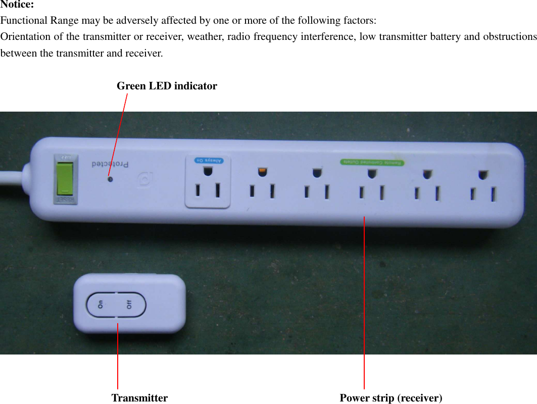 Notice: Functional Range may be adversely affected by one or more of the following factors: Orientation of the transmitter or receiver, weather, radio frequency interference, low transmitter battery and obstructions between the transmitter and receiver.  Green LED indicator                                        Transmitter                                                              Power strip (receiver)      