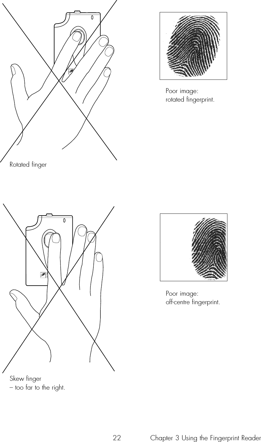 22Rotated fingerPoor image:rotated fingerprint.Skew finger – too far to the right.Poor image:off-centre fingerprint.Chapter 3 Using the Fingerprint Reader