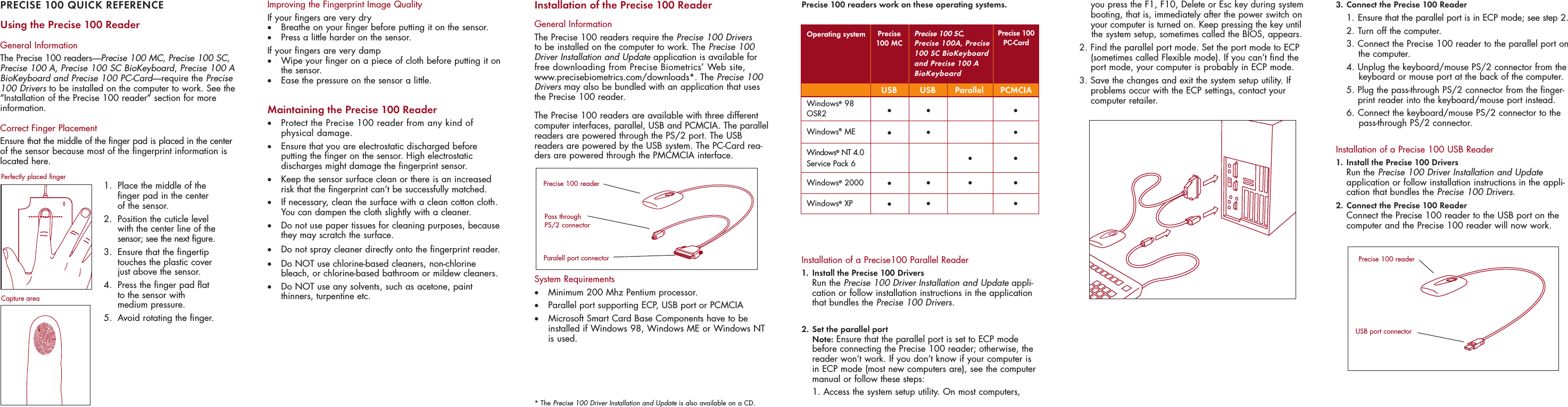 PRECISE 100 QUICK REFERENCEUsing the Precise 100 ReaderGeneral InformationThe Precise 100 readers—Precise 100 MC, Precise 100 SC,Precise 100 A, Precise 100 SC BioKeyboard, Precise 100 ABioKeyboard and Precise 100 PC-Card—require the Precise100 Drivers to be installed on the computer to work. See the“Installation of the Precise 100 reader”section for moreinformation.Correct Finger PlacementEnsure that the middle of the finger pad is placed in the centerof the sensor because most of the fingerprint information islocated here. Improving the Fingerprint Image QualityIf your fingers are very dry•   Breathe on your finger before putting it on the sensor.•Press a little harder on the sensor.If your fingers are very damp•  Wipe your finger on a piece of cloth before putting it onthe sensor.•  Ease the pressure on the sensor a little. Maintaining the Precise 100 Reader•Protect the Precise 100 reader from any kind of physical damage.•Ensure that you are electrostatic discharged before putting the finger on the sensor. High electrostatic discharges might damage the fingerprint sensor.•Keep the sensor surface clean or there is an increased risk that the fingerprint can’t be successfully matched.•If necessary, clean the surface with a clean cotton cloth. You can dampen the cloth slightly with a cleaner. •Do not use paper tissues for cleaning purposes, because they may scratch the surface.•Do not spray cleaner directly onto the fingerprint reader.•Do NOT use chlorine-based cleaners, non-chlorinebleach, or chlorine-based bathroom or mildew cleaners.•Do NOT use any solvents, such as acetone, paintthinners, turpentine etc.    Installation of the Precise 100 ReaderGeneral InformationThe Precise 100 readers require the Precise 100 Drivers to be installed on the computer to work. The Precise 100Driver Installation and Update application is available forfree downloading from Precise Biometrics’ Web site,www.precisebiometrics.com/downloads*. The Precise 100Drivers may also be bundled with an application that usesthe Precise 100 reader.The Precise 100 readers are available with three differentcomputer interfaces, parallel, USB and PCMCIA. The parallelreaders are powered through the PS/2 port. The USB readers are powered by the USB system. The PC-Card rea-ders are powered through the PMCMCIA interface.System Requirements•Minimum 200 Mhz Pentium processor.•Parallel port supporting ECP, USB port or PCMCIA•Microsoft Smart Card Base Components have to be installed if Windows 98, Windows ME or Windows NT is used.•Support for bus powered USB hub (only Precise 100 SC BioKeyboard USB and Precise 100 A BioKeyboard USB).•Bios support for USB keyboards (only Precise 100 SC BioKeyboard USB and Precise 100 A BioKeyboard USB).Precise 100 readers work on these operating systems.Installation of a Precise100 Parallel Reader1. Install the Precise 100 DriversRun the Precise 100 Driver Installation and Update appli-cation or follow installation instructions in the application that bundles the Precise 100 Drivers.2. Set the parallel portNote: Ensure that the parallel port is set to ECP mode before connecting the Precise 100 reader; otherwise, the reader won’t work. If you don’t know if your computer is in ECP mode (most new computers are), see the computermanual or follow these steps:1. Access the system setup utility. On most computers, you press the F1, F10, Delete or Esc key during systembooting, that is, immediately after the power switch onyour computer is turned on. Keep pressing the key untilthe system setup, sometimes called the BIOS, appears.2. Find the parallel port mode. Set the port mode to ECP (sometimes called Flexible mode). If you can’t find the port mode, your computer is probably in ECP mode.3. Save the changes and exit the system setup utility. If problems occur with the ECP settings, contact your computer retailer.Perfectly placed fingerCapture area1. Place the middle of the finger pad in the center of the sensor.2.  Position the cuticle level with the center line of the sensor; see the next figure.3.  Ensure that the fingertip touches the plastic cover just above the sensor.4.  Press the finger pad flat to the sensor with medium pressure.5.  Avoid rotating the finger.Precise 100 readerPass throughPS/2 connectorParalell port connector* The Precise 100 Driver Installation and Update is also available on a CD. 3. Connect the Precise 100 Reader1. Ensure that the parallel port is in ECP mode; see step 2.2. Turn off the computer.3. Connect the Precise 100 reader to the parallel port on the computer. 4. Unplug the keyboard/mouse PS/2 connector from the keyboard or mouse port at the back of the computer. 5. Plug the pass-through PS/2 connector from the finger-print reader into the keyboard/mouse port instead.6. Connect the keyboard/mouse PS/2 connector to the pass-through PS/2 connector.Installation of a Precise 100 USB Reader1.  Install the Precise 100 DriversRun the Precise 100 Driver Installation and Updateapplication or follow installation instructions in the appli-cation that bundles the Precise 100 Drivers.2.  Connect the Precise 100 ReaderConnect the Precise 100 reader to the USB port on the computer and the Precise 100 reader will now work.Note: Ensure that USB keyboard support is enabled in the BIOS before connecting aPrecise 100 BioKeyboard.Operating systemWindows®98 OSR2Windows®MEWindows®NT 4.0Service Pack 6Windows®2000Windows®XPPrecise100 MCUSBPrecise 100 SC,Precise 100A, Precise100 SC BioKeyboard and Precise 100 ABioKeyboardUSB Parallel•••••••••••Precise 100PC-CardPCMCIA••••Precise 100 readerUSB port connector