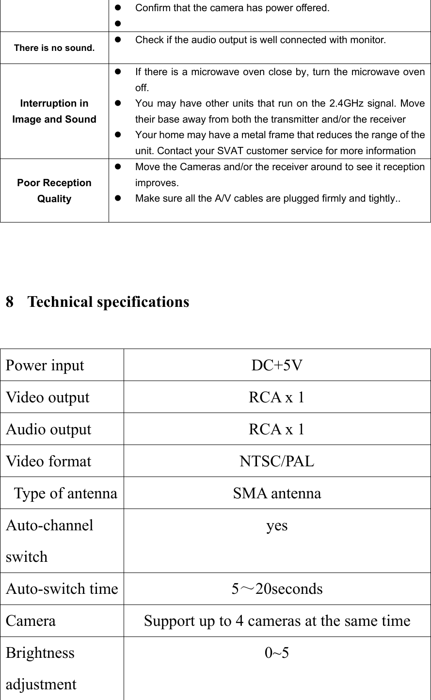 z  Confirm that the camera has power offered.   z  There is no sound. z  Check if the audio output is well connected with monitor.  Interruption in Image and Sound z  If there is a microwave oven close by, turn the microwave oven off. z  You may have other units that run on the 2.4GHz signal. Move their base away from both the transmitter and/or the receiver z  Your home may have a metal frame that reduces the range of the unit. Contact your SVAT customer service for more information Poor Reception Quality z  Move the Cameras and/or the receiver around to see it reception improves. z  Make sure all the A/V cables are plugged firmly and tightly..       8 Technical specifications      Power input  DC+5V Video output  RCA x 1 Audio output   RCA x 1 Video format  NTSC/PAL   Type of antenna  SMA antenna Auto-channel switch  yes Auto-switch time  5～20seconds Camera  Support up to 4 cameras at the same time Brightness adjustment  0~5 