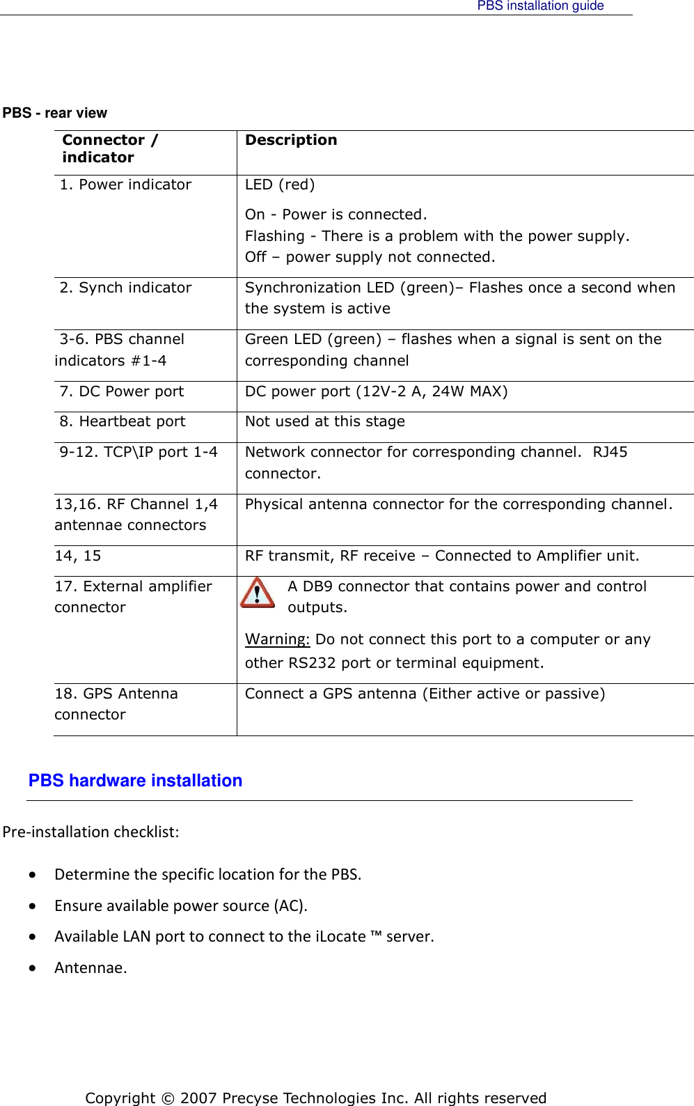     PBS installation guide    Copyright © 2007 Precyse Technologies Inc. All rights reserved PBS - rear view Connector / indicator Description  1. Power indicator  LED (red)  On - Power is connected.  Flashing - There is a problem with the power supply. Off – power supply not connected.  2. Synch indicator  Synchronization LED (green)– Flashes once a second when the system is active  3-6. PBS channel indicators #1-4  Green LED (green) – flashes when a signal is sent on the corresponding channel  7. DC Power port DC power port (12V-2 A, 24W MAX)  8. Heartbeat port Not used at this stage  9-12. TCP\IP port 1-4 Network connector for corresponding channel.  RJ45 connector. 13,16. RF Channel 1,4 antennae connectors Physical antenna connector for the corresponding channel. 14, 15 RF transmit, RF receive – Connected to Amplifier unit. 17. External amplifier connector A DB9 connector that contains power and control outputs.  Warning: Do not connect this port to a computer or any other RS232 port or terminal equipment. 18. GPS Antenna connector Connect a GPS antenna (Either active or passive) PBS hardware installation Pre-installation checklist:  Determine the specific location for the PBS.  Ensure available power source (AC).  Available LAN port to connect to the iLocate ™ server.  Antennae.      