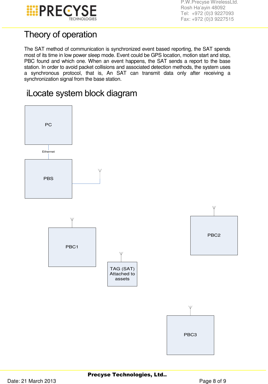     Precyse Technologies, Ltd.. Date: 21 March 2013                                                                                                   Page 8 of 9 P.W.Precyse WirelessLtd.                                                                                                                                                                                                                 Rosh Ha’ayin 48092                                                                                                                                                                                                                Tel:  +972 (0)3 9227093                                                                                                                                                                                                                Fax: +972 (0)3 9227515  Theory of operation The SAT method of communication is synchronized event based reporting, the SAT spends most of its time in low power sleep mode. Event could be GPS location, motion start and stop, PBC found and which one. When an event happens, the SAT sends a report to the base station. In order to avoid packet collisions and associated detection methods, the system uses a  synchronous  protocol,  that  is,  An  SAT  can  transmit  data  only  after  receiving  a synchronization signal from the base station.  iLocate system block diagram PCPBSTAG (SAT)Attached to assetsEthernetPBC1PBC2PBC3 