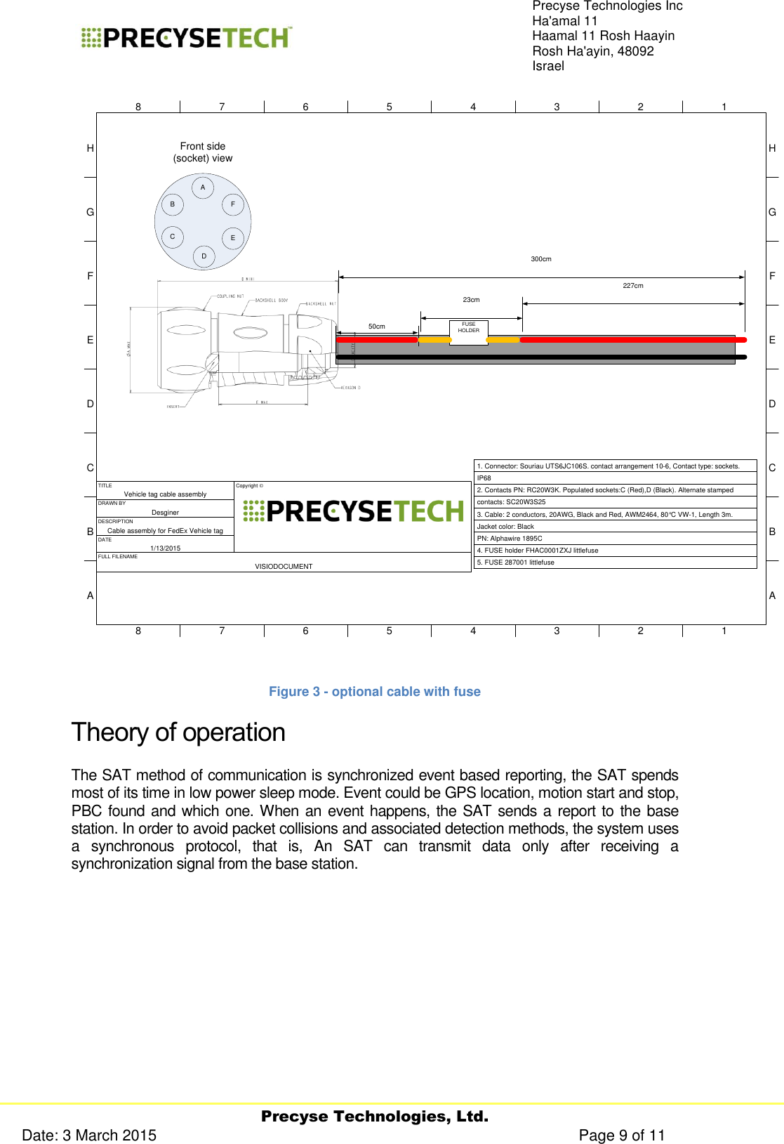     Precyse Technologies, Ltd. Date: 3 March 2015                                                                                                   Page 9 of 11 Precyse Technologies Inc Ha&apos;amal 11 Haamal 11 Rosh Haayin Rosh Ha&apos;ayin, 48092 Israel TITLEVehicle tag cable assemblyDRAWN BYDesginerDESCRIPTIONCable assembly for FedEx Vehicle tagDATE1/13/2015FULL FILENAMEVISIODOCUMENTCopyright ©FIELDHGFEDCBA87654321HGFEDCBA87654321AFront side (socket) viewBCDFE1. Connector: Souriau UTS6JC106S. contact arrangement 10-6, Contact type: sockets. IP682. Contacts PN: RC20W3K. Populated sockets:C (Red),D (Black). Alternate stamped contacts: SC20W3S253. Cable: 2 conductors, 20AWG, Black and Red, AWM2464, 80°C VW-1, Length 3m. Jacket color: BlackPN: Alphawire 1895C4. FUSE holder FHAC0001ZXJ littlefuse5. FUSE 287001 littlefuse300cm50cm FUSE HOLDER23cm227cm Figure 3 - optional cable with fuse Theory of operation The SAT method of communication is synchronized event based reporting, the SAT spends most of its time in low power sleep mode. Event could be GPS location, motion start and stop, PBC found and which one. When an event happens, the SAT sends a report to the base station. In order to avoid packet collisions and associated detection methods, the system uses a  synchronous  protocol,  that  is,  An  SAT  can  transmit  data  only  after  receiving  a synchronization signal from the base station.             