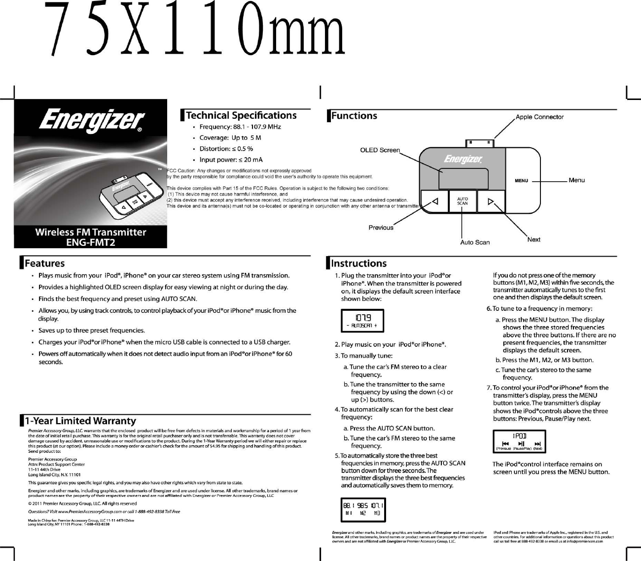 Premier Accessory Group ENGFMT2 Wireless FM Transmitter User Manual