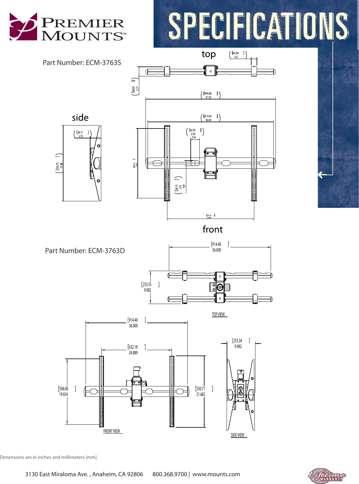 Page 2 of 2 - Premier-Mounts Premier-Mounts-Back-To-Back-Ceiling-Mount-Ecm-3763D-Users-Manual- ECM_spec Sheet_r1  Premier-mounts-back-to-back-ceiling-mount-ecm-3763d-users-manual