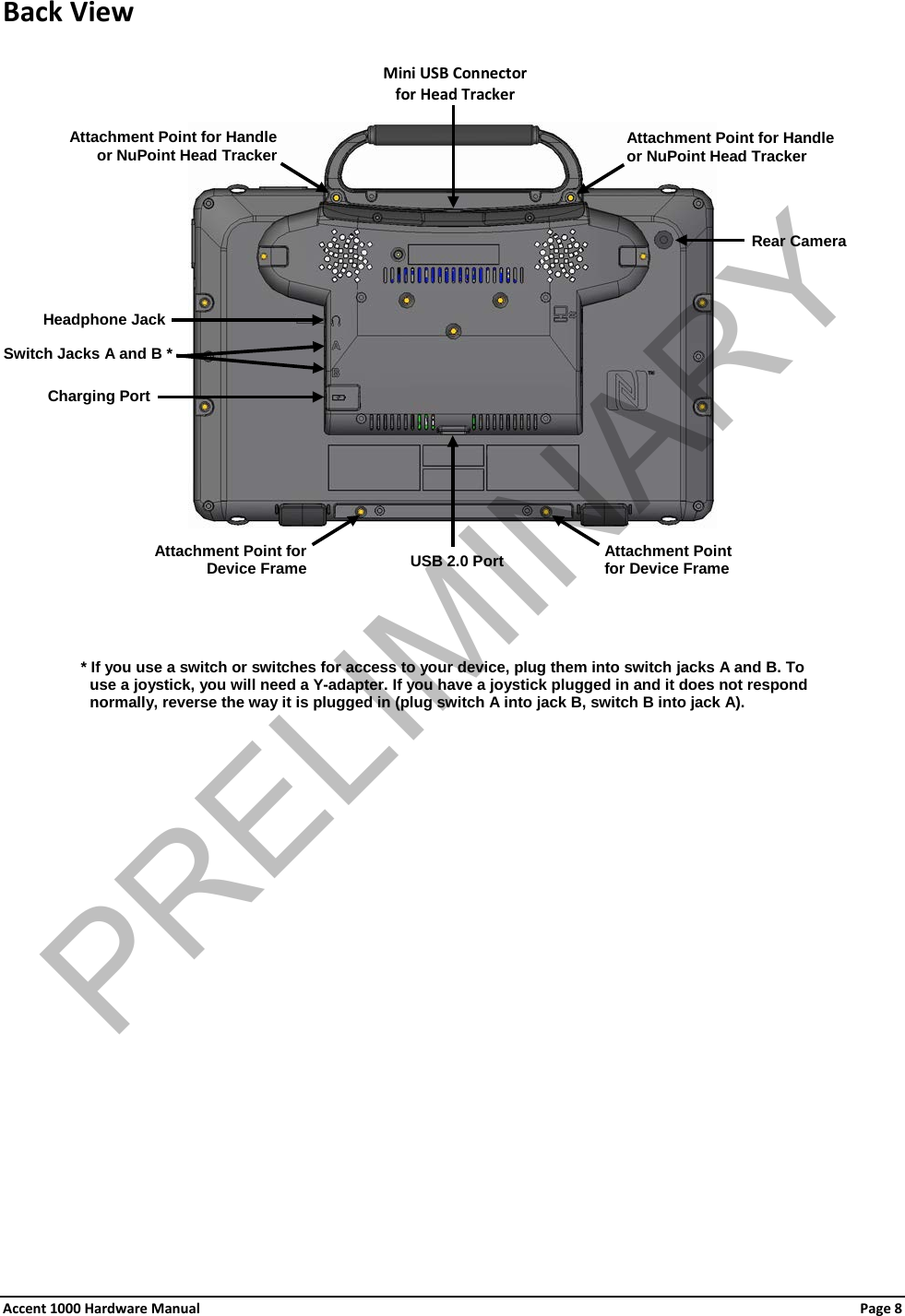 Back View           * If you use a switch or switches for access to your device, plug them into switch jacks A and B. To use a joystick, you will need a Y-adapter. If you have a joystick plugged in and it does not respond normally, reverse the way it is plugged in (plug switch A into jack B, switch B into jack A).  Rear Camera Switch Jacks A and B * Headphone Jack Charging Port Mini USB Connector for Head Tracker Attachment Point for Device Frame  Attachment Point for Handle or NuPoint Head Tracker  Attachment Point for Handle or NuPoint Head Tracker Attachment Point for Device Frame USB 2.0 Port  Accent 1000 Hardware Manual Page 8 PRELIMINARY