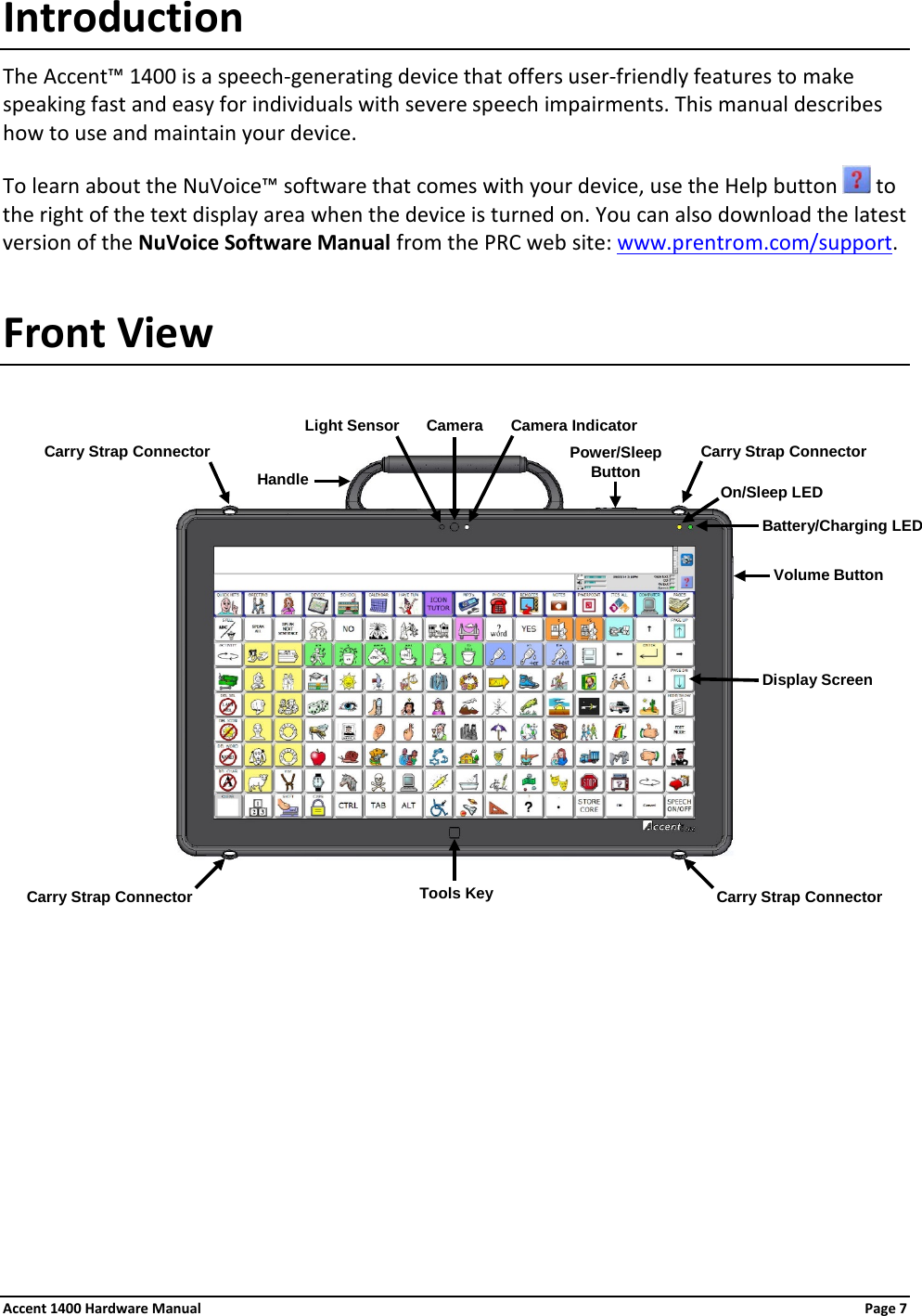 Introduction The Accent™ 1400 is a speech-generating device that offers user-friendly features to make speaking fast and easy for individuals with severe speech impairments. This manual describes how to use and maintain your device. To learn about the NuVoice™ software that comes with your device, use the Help button   to the right of the text display area when the device is turned on. You can also download the latest version of the NuVoice Software Manual from the PRC web site: www.prentrom.com/support. Front View       Display Screen Carry Strap Connector Power/Sleep Button Carry Strap Connector Camera Light Sensor Camera Indicator Volume Button On/Sleep LED Battery/Charging LED Tools Key Carry Strap Connector Carry Strap Connector Handle Accent 1400 Hardware Manual Page 7 